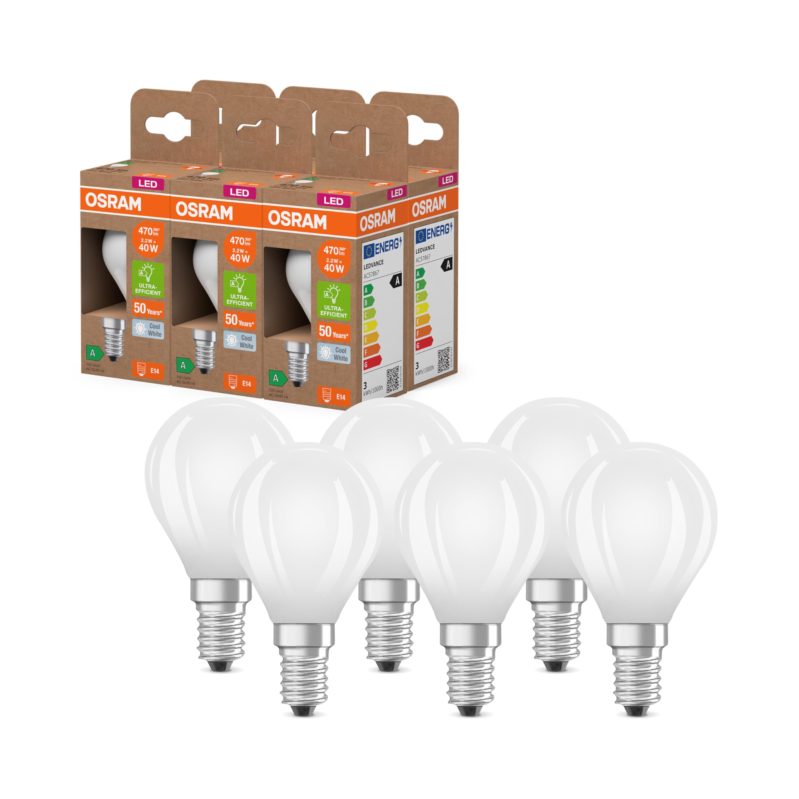 Osram Energy Class LED-Lampe in klassischer Miniballform, 2.2 W / 470 lm, EEK A, kaltweißes Licht (4000 K), CRI 80, aus gefrostetem bleifreiem Glas, E14 Sockel, IP20, 45 mm DM,6-Pack