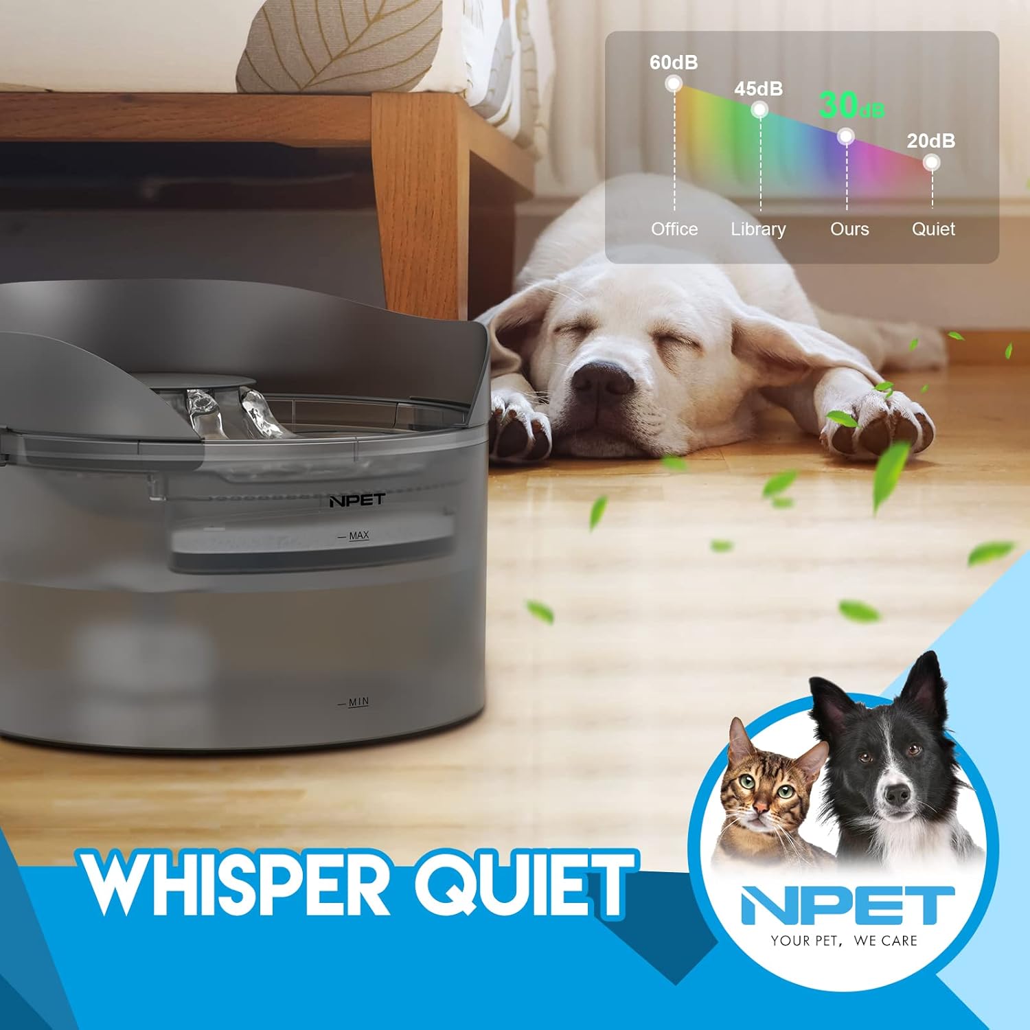 NPET DF30 Dog Water Fountain, 2 Gallon/270oz/8L Large Automatic Dog Water Bowl Dispenser, Pet Water Fountain with Splatter Guard, Cleaning Kit for Large Dogs & Multiple Pets