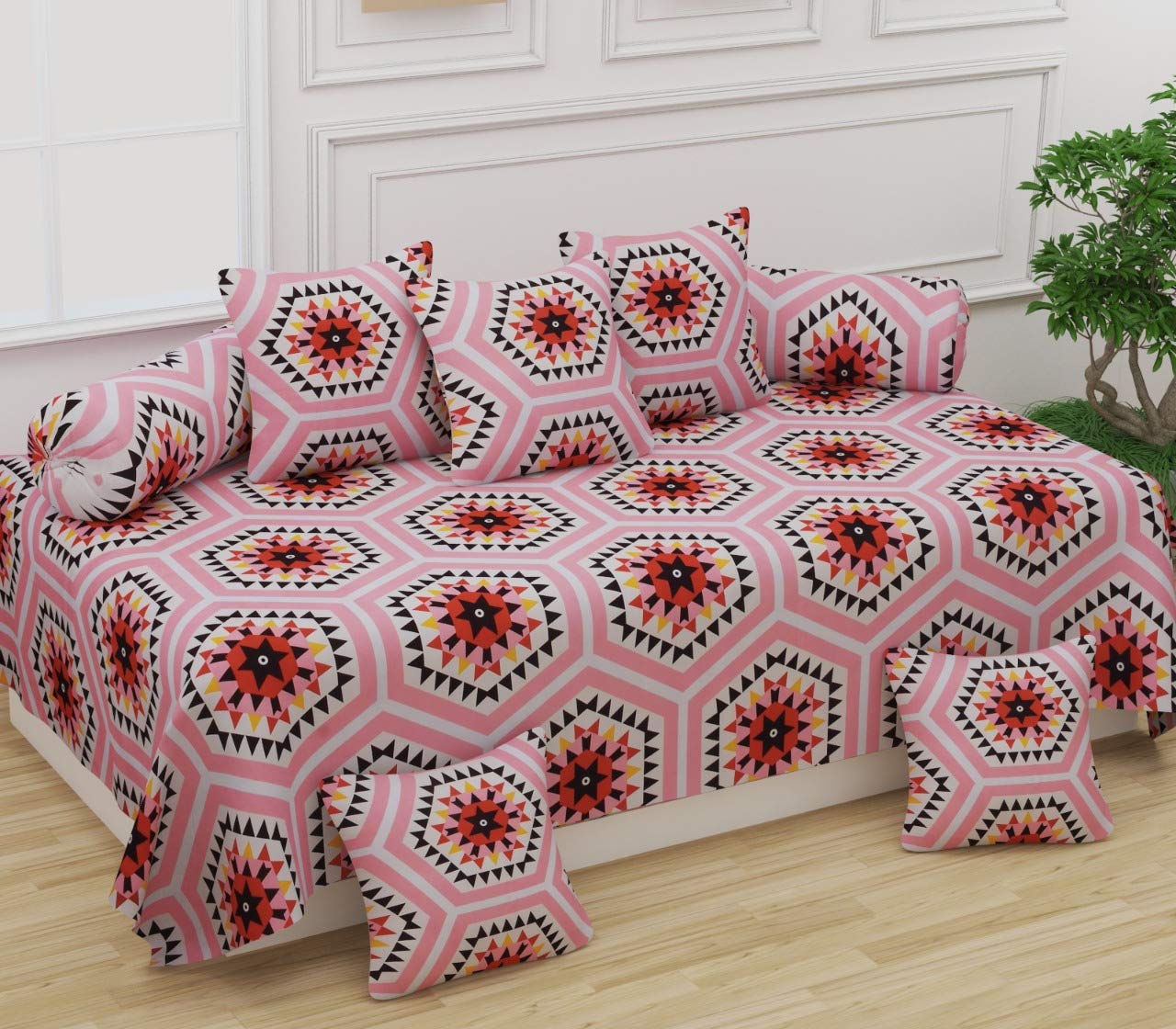 Diwan Cotton Single Bedsheet with Cushions for Living Room 5 and boosters 2 Pieces - Set of 8 Combo (Hexagon)(Design 027)-picture-17