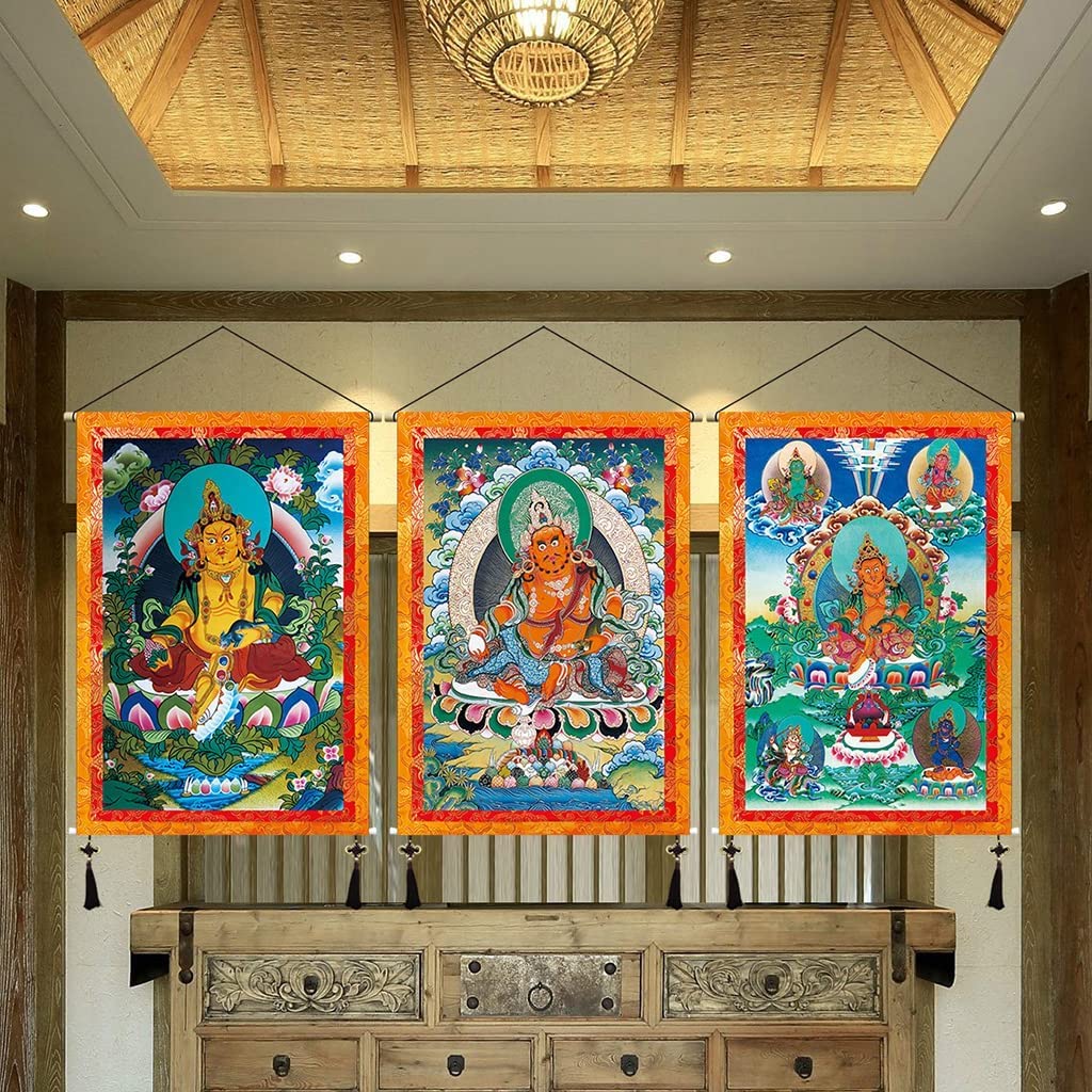 YTBHSHXZ Tibetische Thangkas, Wandteppich mit Thangka-Motiv des Gottes Reichtums, Quasten, tibetische Stoffteppiche, klassisches Design Holzband(5)