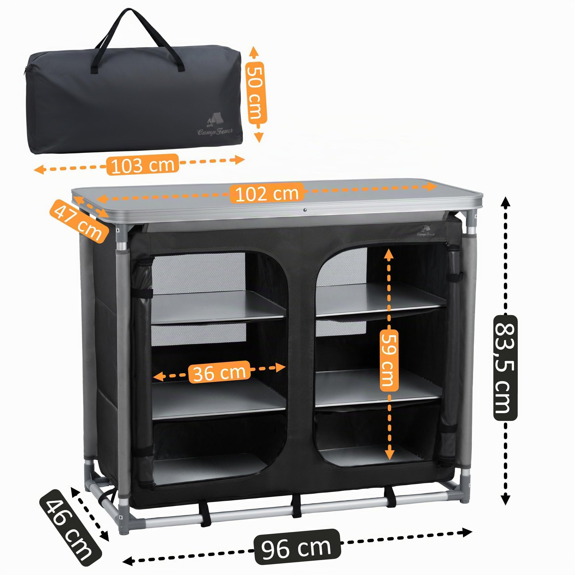 Armario para cocina de acampada con estructura de aluminio de CampFeuer, aprox. 102 cm (l) x 47 cm (an.) x 82 cm (a)