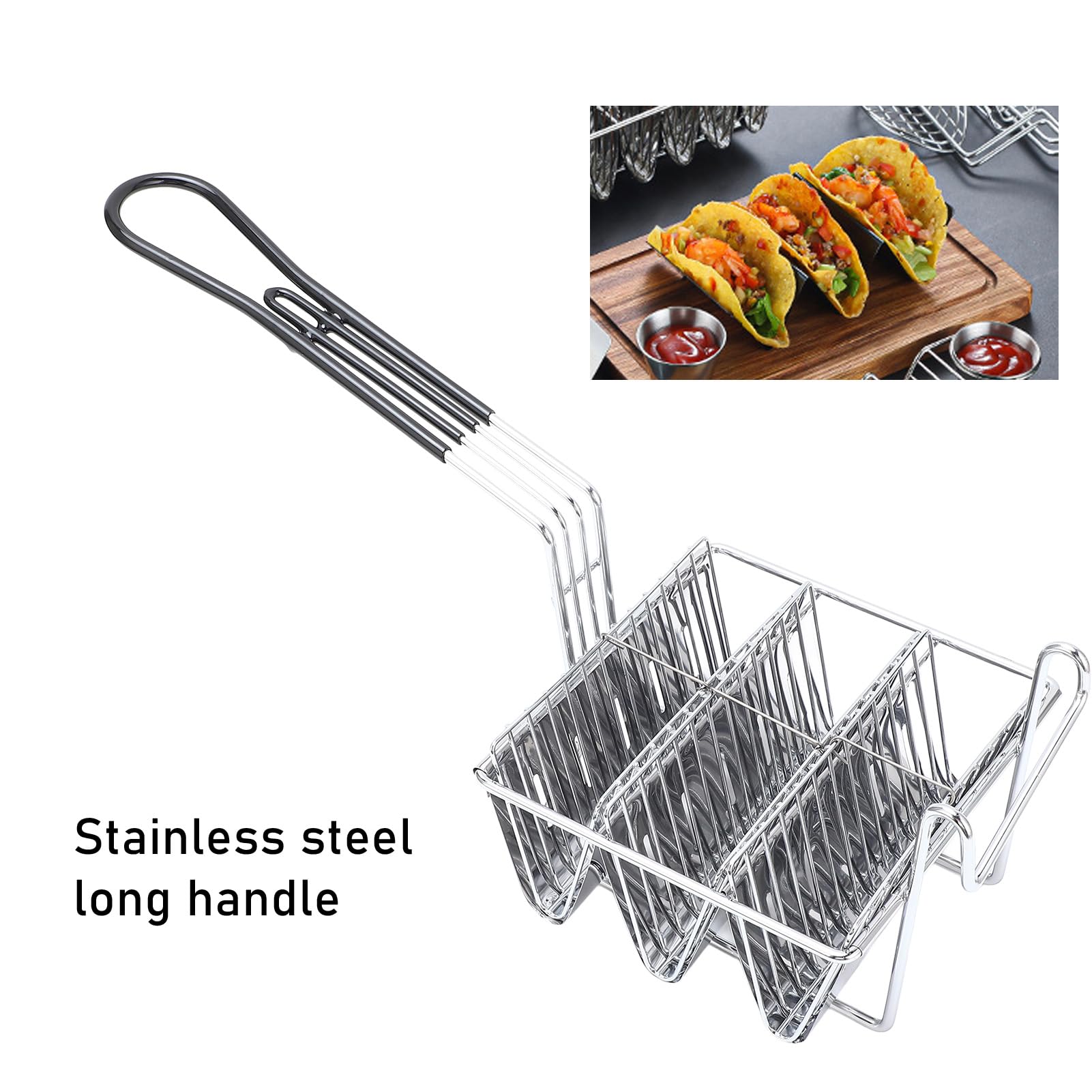 Fyearfly Cesta para freír tacos de acero inoxidable, diseño en forma de V, fácil agarre, apta para lavavajillas