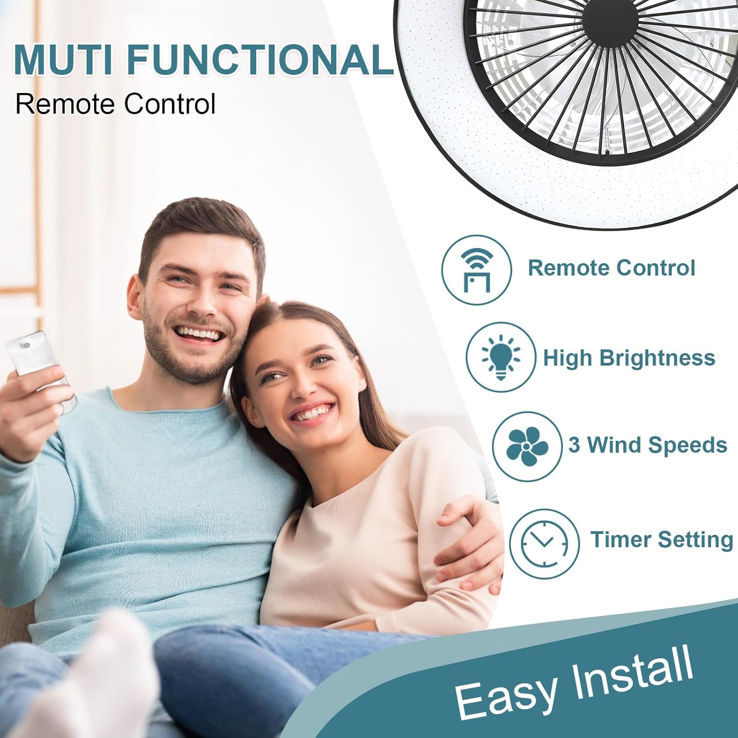 DLLT Modern Flush Mount Ceiling Fan with Lights- 18.5’’ Dimmable Low Profile Indoor Ceiling Fans with Remote Control, Smart 3 Light Color Change and Timing for Bedroom Living Room Kitchen, Black