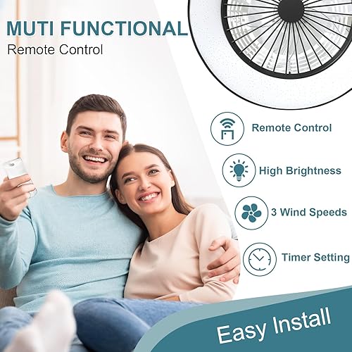 Miniatura 4 de DLLT - Ventilador de techo moderno de montaje empotrado con luces, 18.5 pulgadas, regulables, de perfil bajo, con control remoto, cambio inteligente