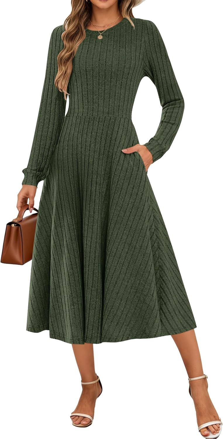 MOLERANI Womens Ribbed Knit Long Sleeve Midi Dress Crewneck 2025 Fall Casual Elegant Dresses with Pockets Wedding Party,Army Green,S