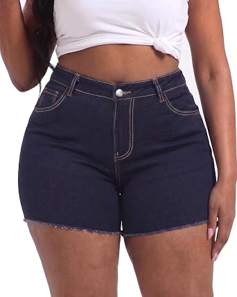 Gocolloa Women Plus Size Jean Shorts Stretchy High Waisted Frayed Raw Hem Denim Shorts 5.5" Inseam