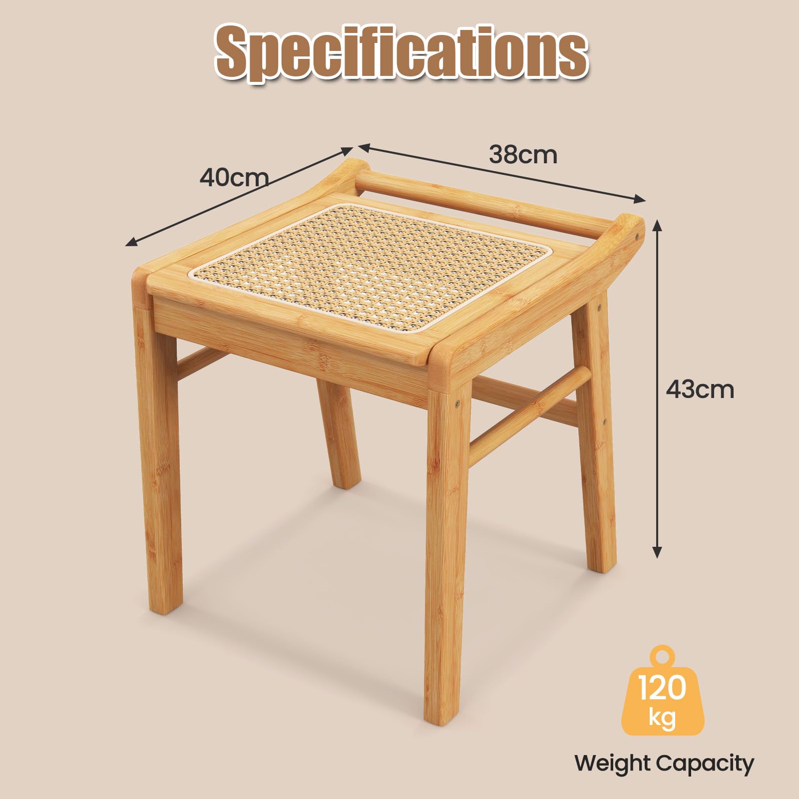Sgabello Da Trucco In Bambù Con Superficie In Rattan - Portatile E Resistente Fino A 120 Kg - Foto 2