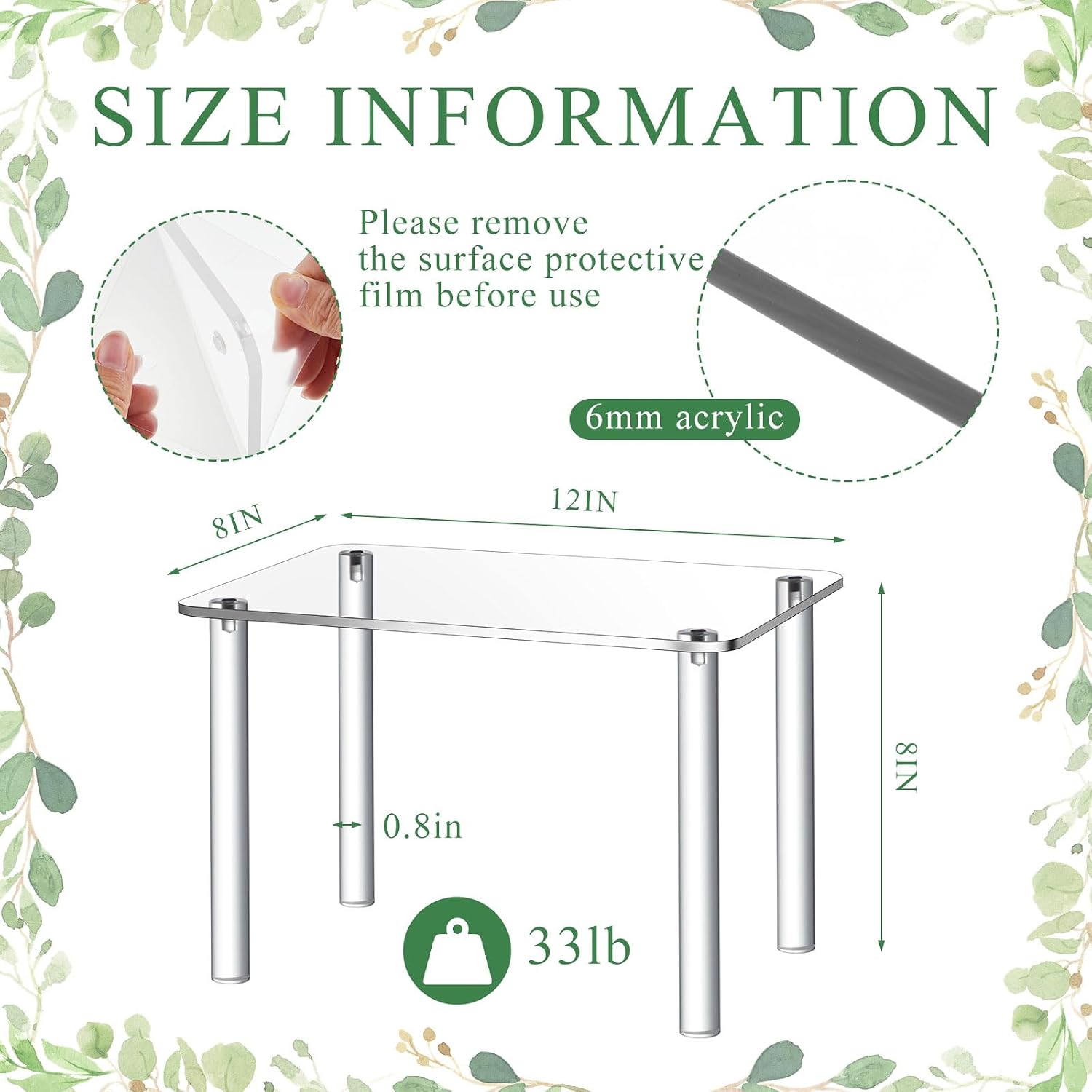 RattanView 1 Pcs 12 Inch Acrylic Risers Display Stands Rectangular 4-leg Acrylic Plant Stand, 6mm Thick Clear Shelf Riser Display Stands for Decor Collectibles Figures and Item Photography