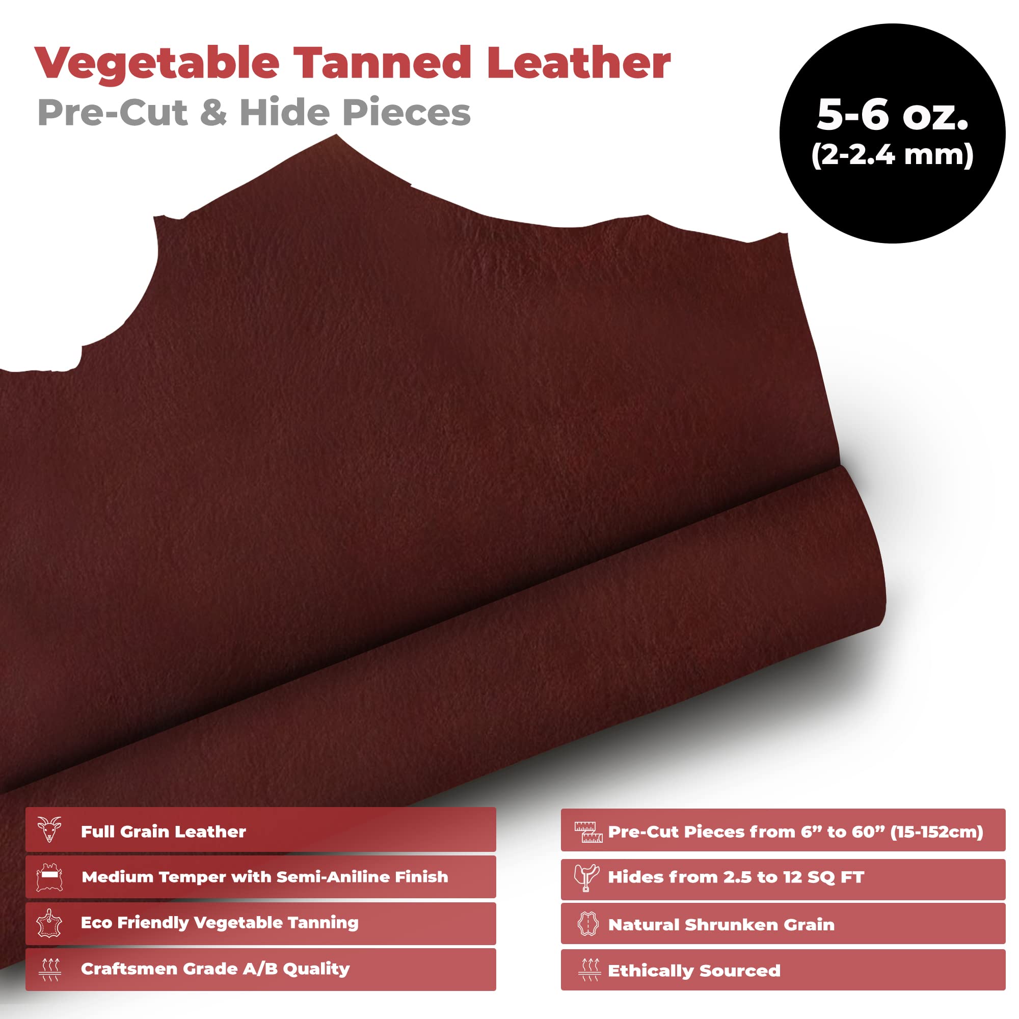 European Leather Work 5-6 oz. (2-2.4mm) Vegetable Tanned Leather Pre-Cut Size: 24x36 - Cognac - Natural Shrunken Grain Cowhide Craftsmen Grade Quality for Tooling, Carving, Engraving, Molding