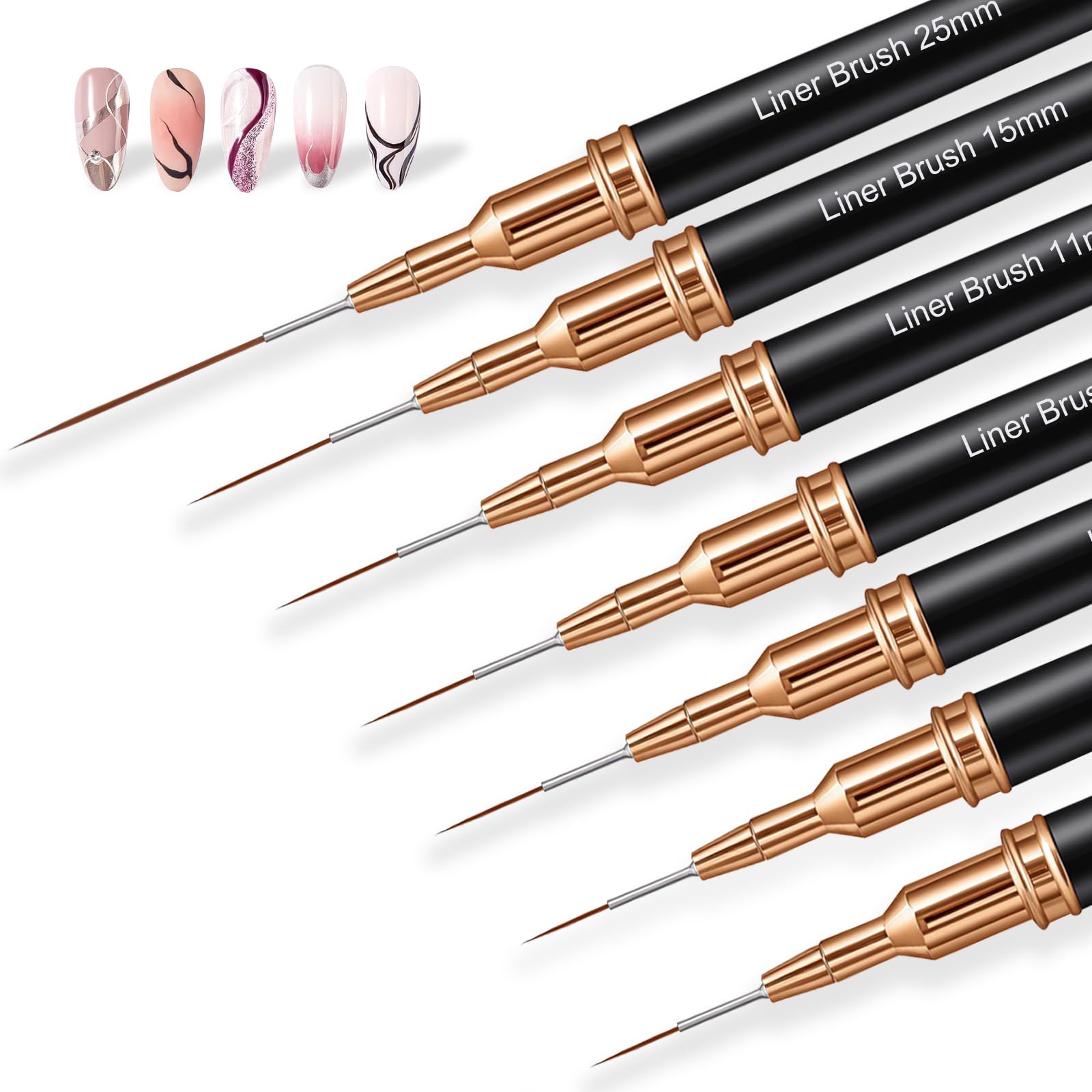 7PCS Metallic Nail Art Brushes Set, 7/9/11/15/25mm Liner Brush For Nails Gel, Super Fine Painting Art Design Pen for Long-Line Patterns, Detailed