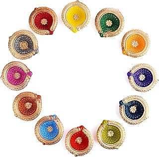 SATVIK Set of 12 Multicolored Diya with Assorted Shubh Labh Stickers l H...
