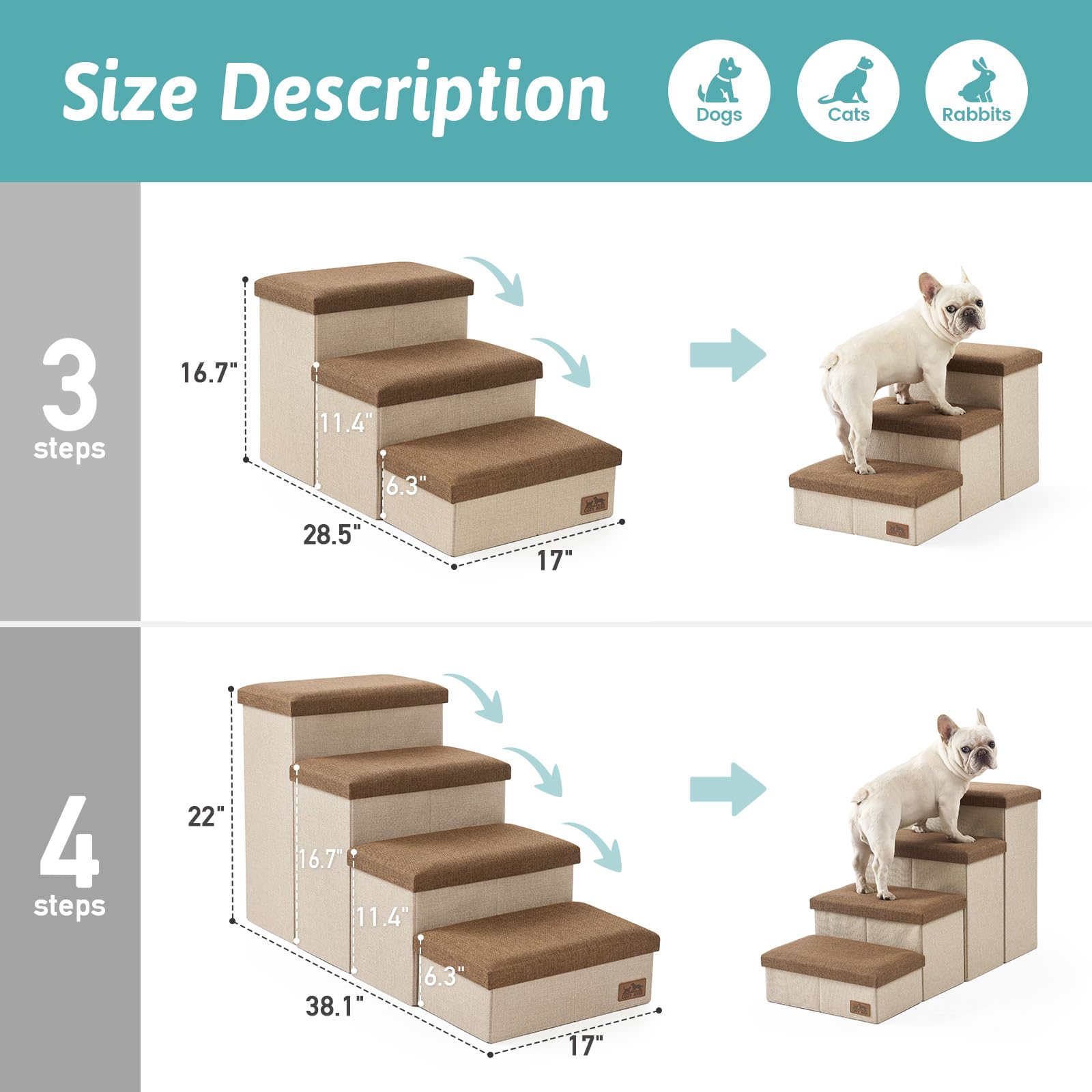 COZY KISS Scala per cani per cani piccoli, rampa pieghevole di stoccaggio per animali con copertura impermeabile, scaletta per cane per divano sedia, leggero, comfort (marrone, 43x72x42.5cm, 3)