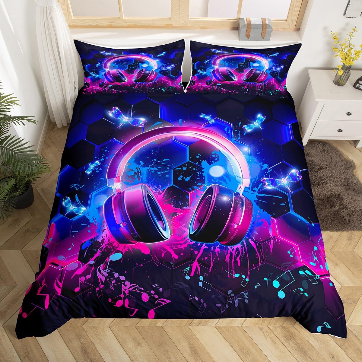 Glowing Headphones Comforter Cover Rock Music Double Bedding Set for Music Enthusiastic Musical Headset Duvet Cover Boys Teens Geometric Glitter Honeycomb Quilt Cover Game Room Decor, Purple Blue