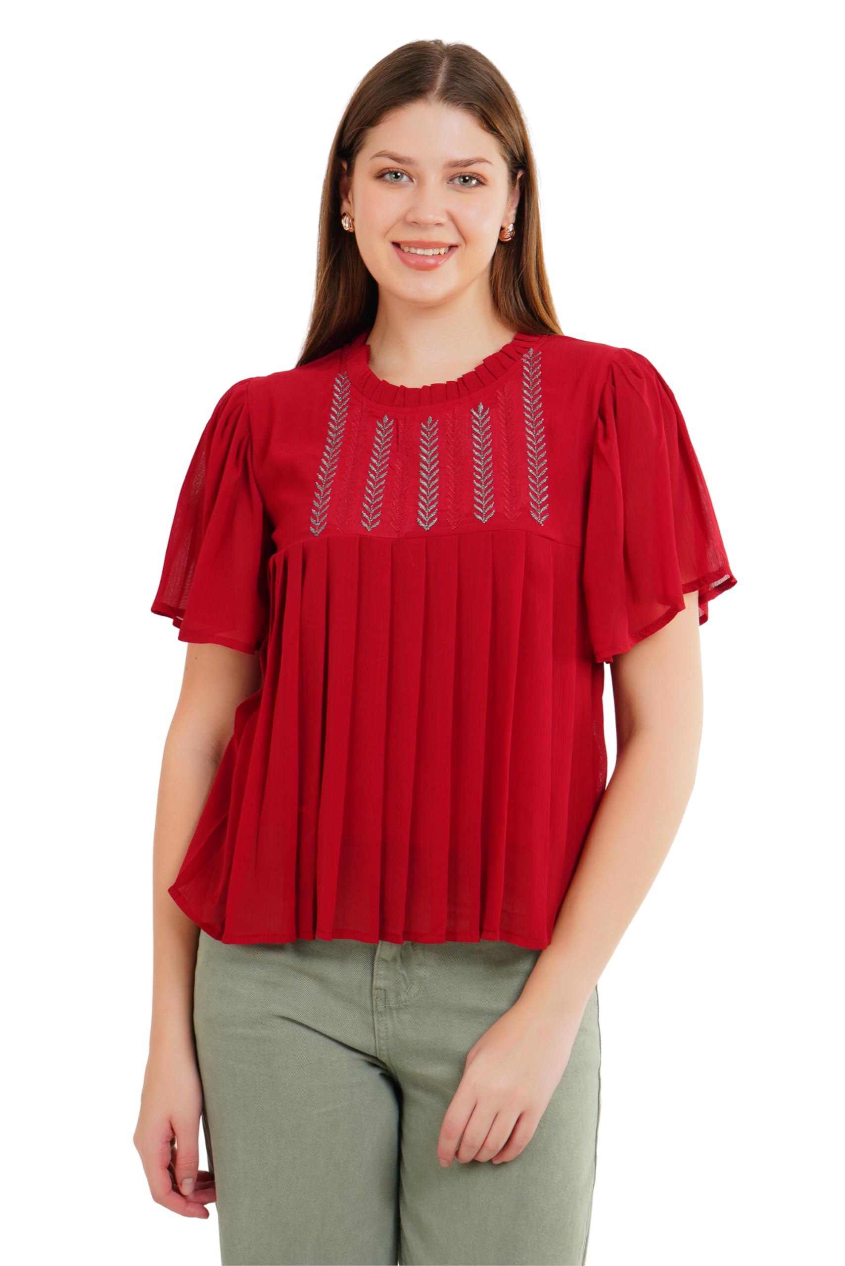 me queen Women Ruffled Neck Red Embroidered Top with Thread Work (in, Alpha, Free Size, Standard, Red)-picture-56