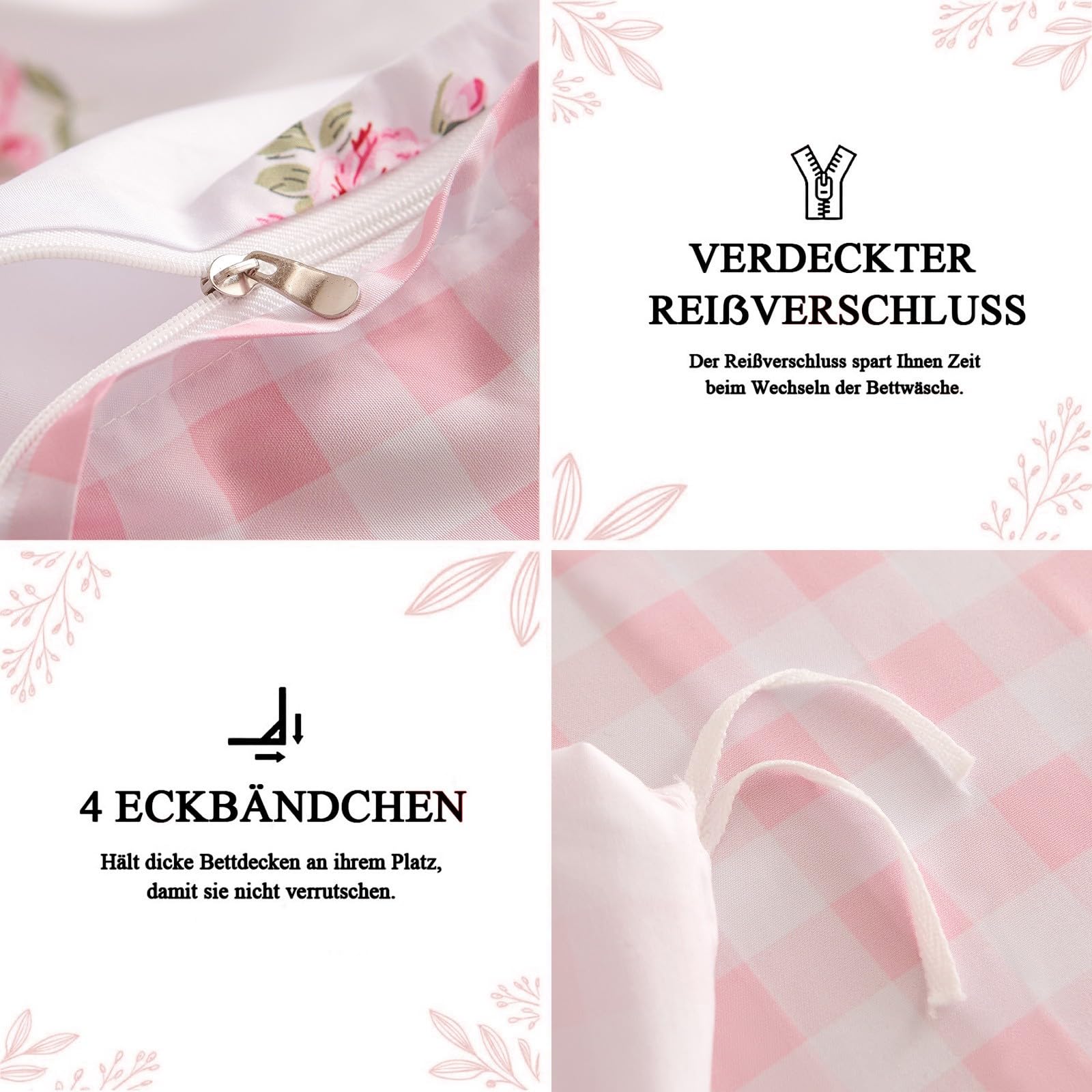 Tospass Ropa de cama para niña de 200 x 200 cm, diseño de flores, color blanco, rosa y verde, ropa de cama para niños, microfibra, funda nórdica con certificado Öko-Tex 1 funda nórdica con cremallera