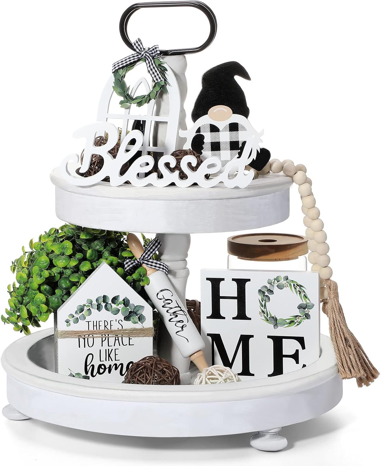 Yalikop 10 Pieces Farmhouse Decor for Tiered Tray, Black White Buffalo Plaid Gnome Wooden Mini Sign Rustic Table Ornaments with String Lights Kitchen Decoration, Housewarming Gift(Cute Style)