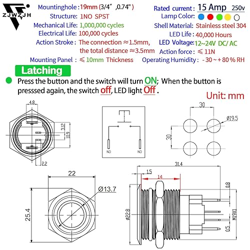 Miniatura 9 de Interruptor de botón 15Amp 34" 0.748 in momentáneo impermeable IP67 110120V ACDC 1NO SPST anillo LED luz de acero inoxidable botón de metal auto