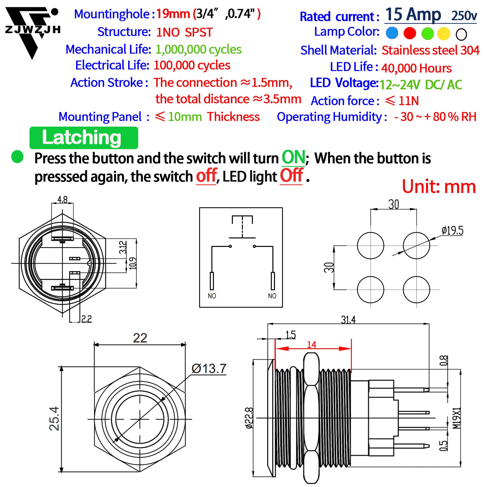 KWONONG 19mm LED Latching Push Button Switch – Stainless Steel, IP67 Waterproof, 5-24V 20A 1NO, With Wire Socket Plug, White Light