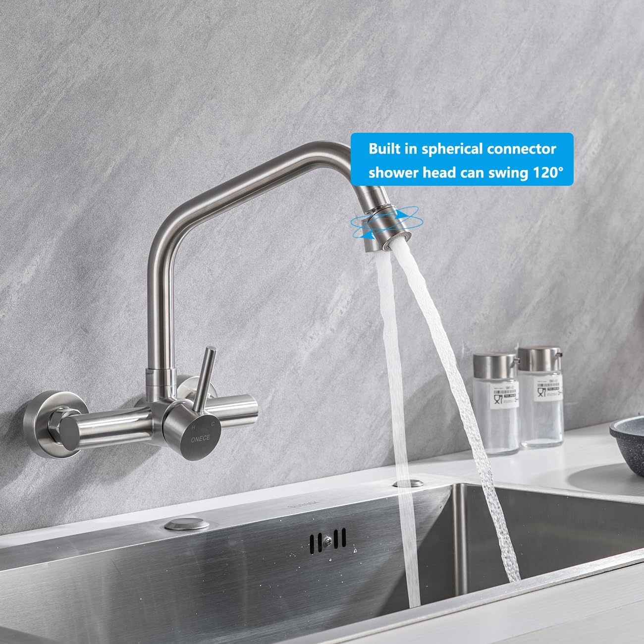 ONECE Grifo Cocina en la Pared con 2 Modos, Grifería con Caño Giratorio | Mezclador Monomando para Fregadero Rotación de 360°, Acero Inoxidable 304, Aireador Extraíble