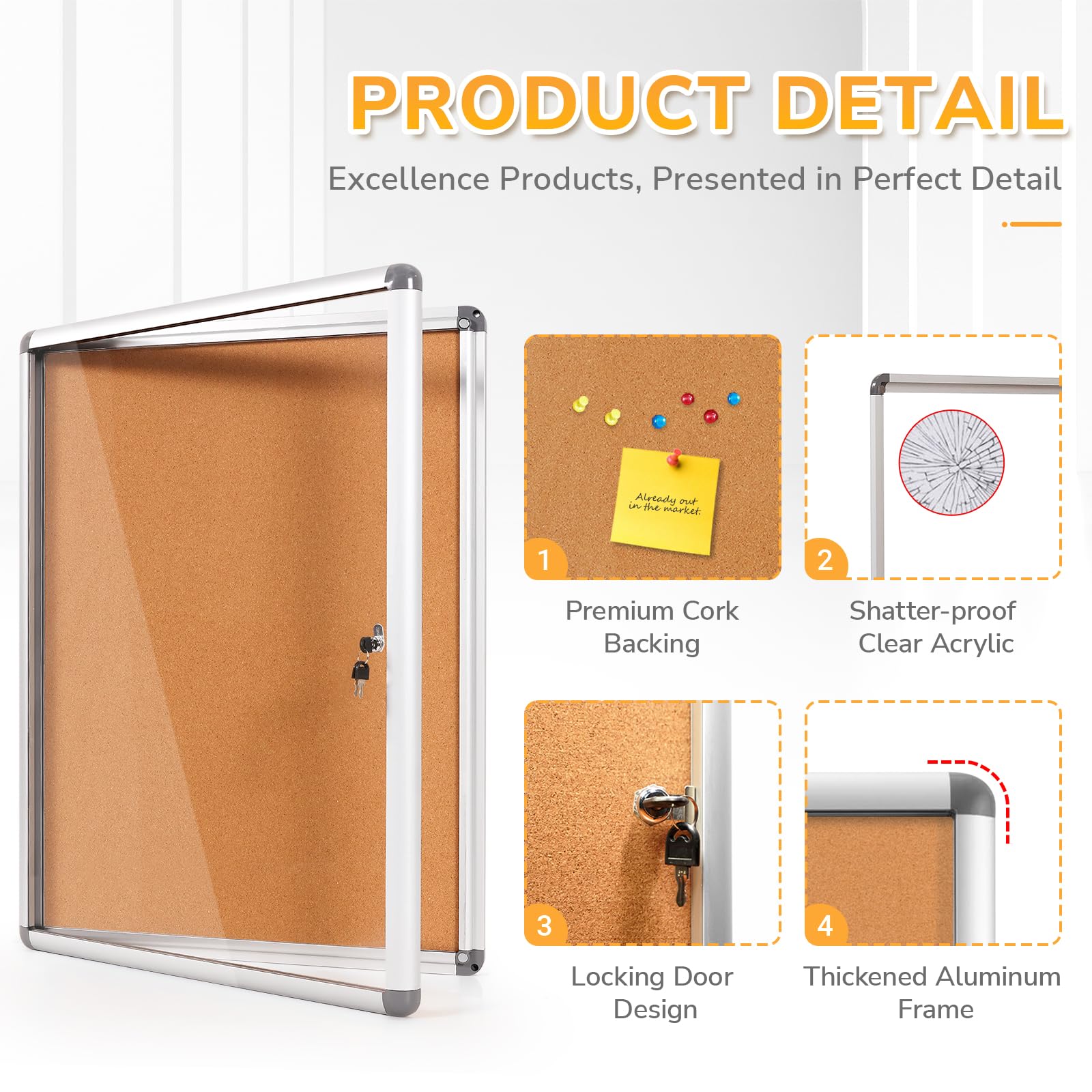 Tablero de corcho cerrado de 38 x 28 pulgadas, vitrina a prueba de manipulaciones con puerta de bloqueo para oficina, escuela, tienda en casa, montaje en pared, marco de aluminio plateado