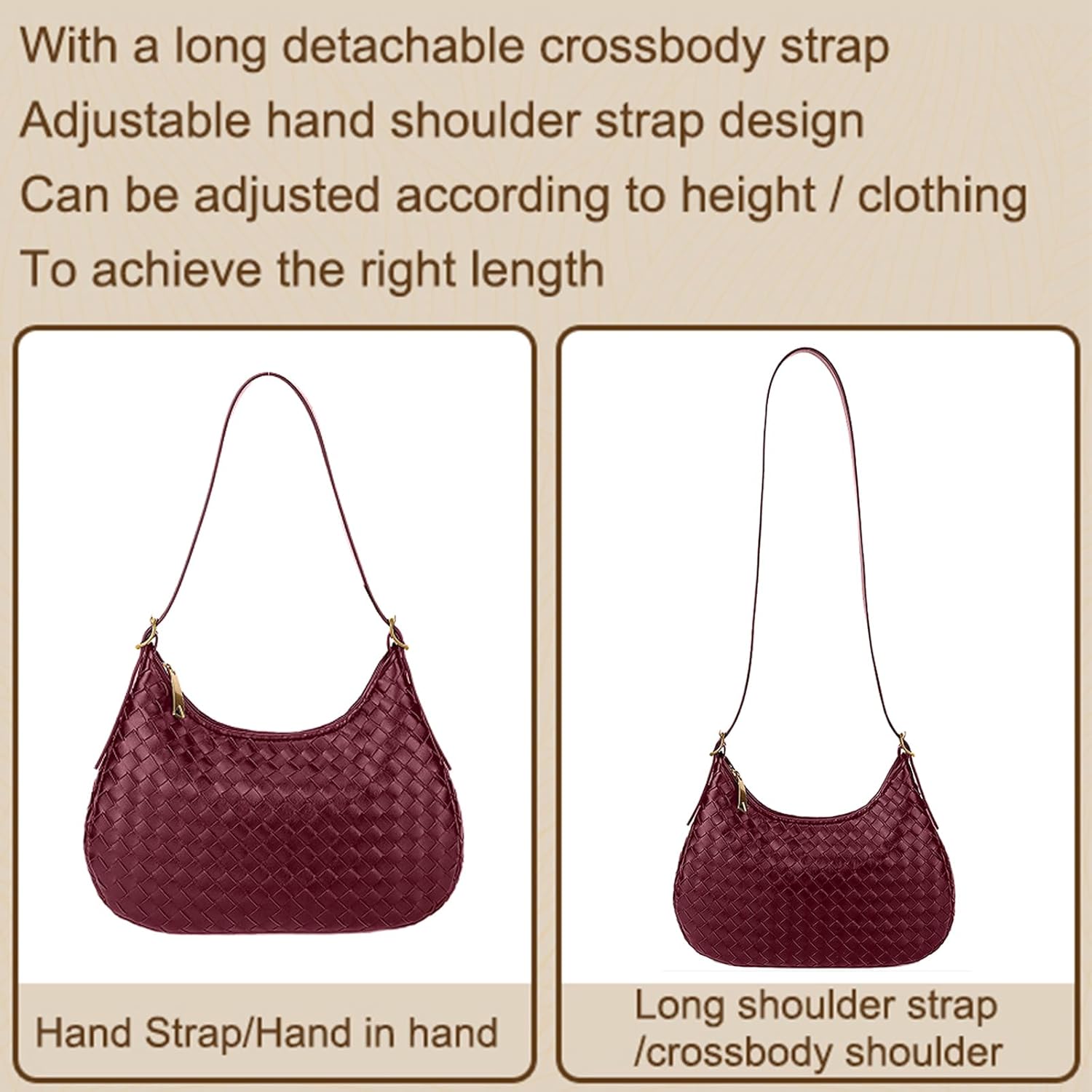 Shoulder Handbags for Women Crossbody Woven Leather Tote Shoulder Bag Purse Hobo Lightweight With Zipper Adjustable Strap | Woven, Leather, Lightweight, With Zipper, Adjustable Strap - Image 3