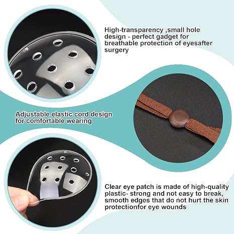 2pcs Clear Eye Shield After Cataract Surgery, Breathable Eye cover for Sleeping after Surgery, Elastic Band Transparent Eye Patch for Eye Protector (Black+Coffe)