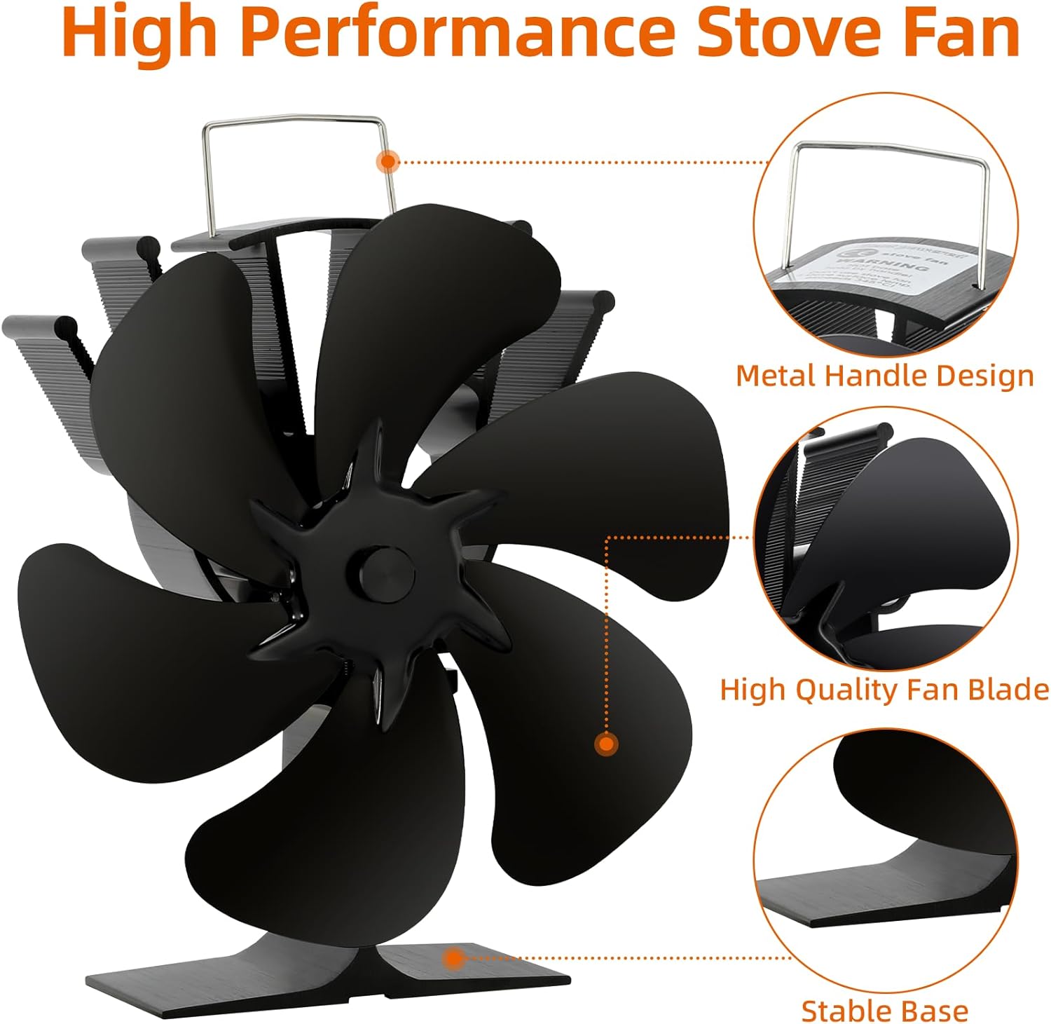 TCFUNDY 6 Blades Heat Powered Wood Stove Fan Fireplace Fan Non Electric for Wood Burning Stove/Pellet/Log, Heat Powered fan, Silent Operation, With Magnetic Thermometer, Black