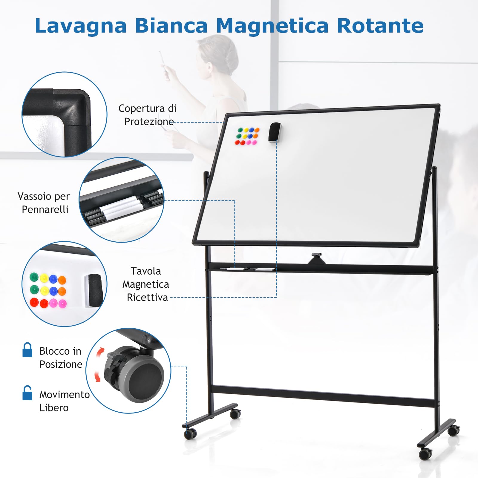 GYMAX 120 x 80 cm Lavagna Mobile Doppia Faccia, Regolabile in Altezza con Pennarelli & Gomma, Ruote Bloccabili, Struttura Metallica, Lavagna Cancellabile Reversibile per Scuola, Ufficio (Nero)