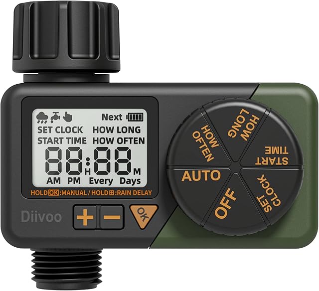 Water Sprinkler Timer, Diivoo Irrigation Hose Timer with Weekly and Daily Programs, Rain Delay and Manual Watering for Lawns and Gardens