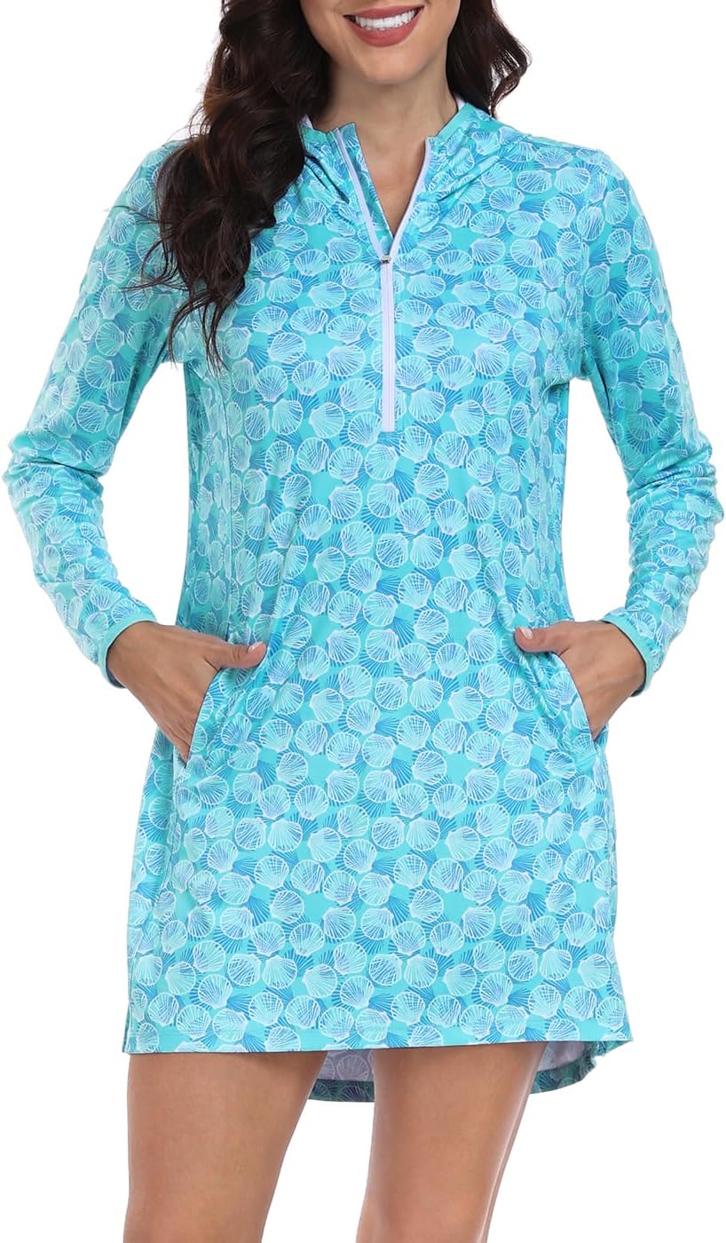 HDEBeach Coverups for Women UPF 50 Long Sleeve Swim Cover Up Dress with Hood
