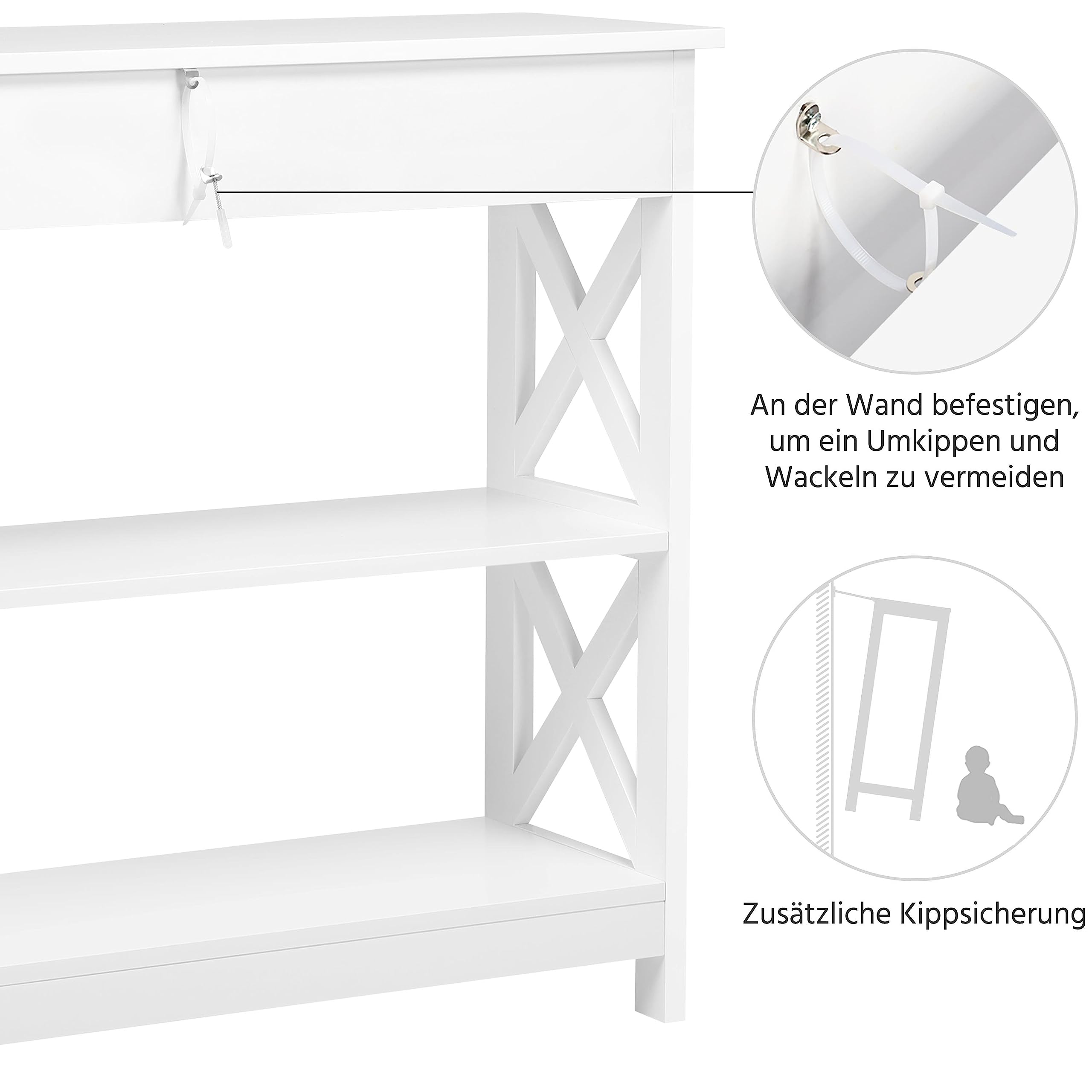 Yaheetech Konsolentisch Beistelltisch mit Schublade und 2 Ablagen Flurtisch mit X-förmigen Stützbeinen Eingangtisch aus Holz Sofatisch Sideboard für Wohnzimmer/Eingang/Flur – Bild 5