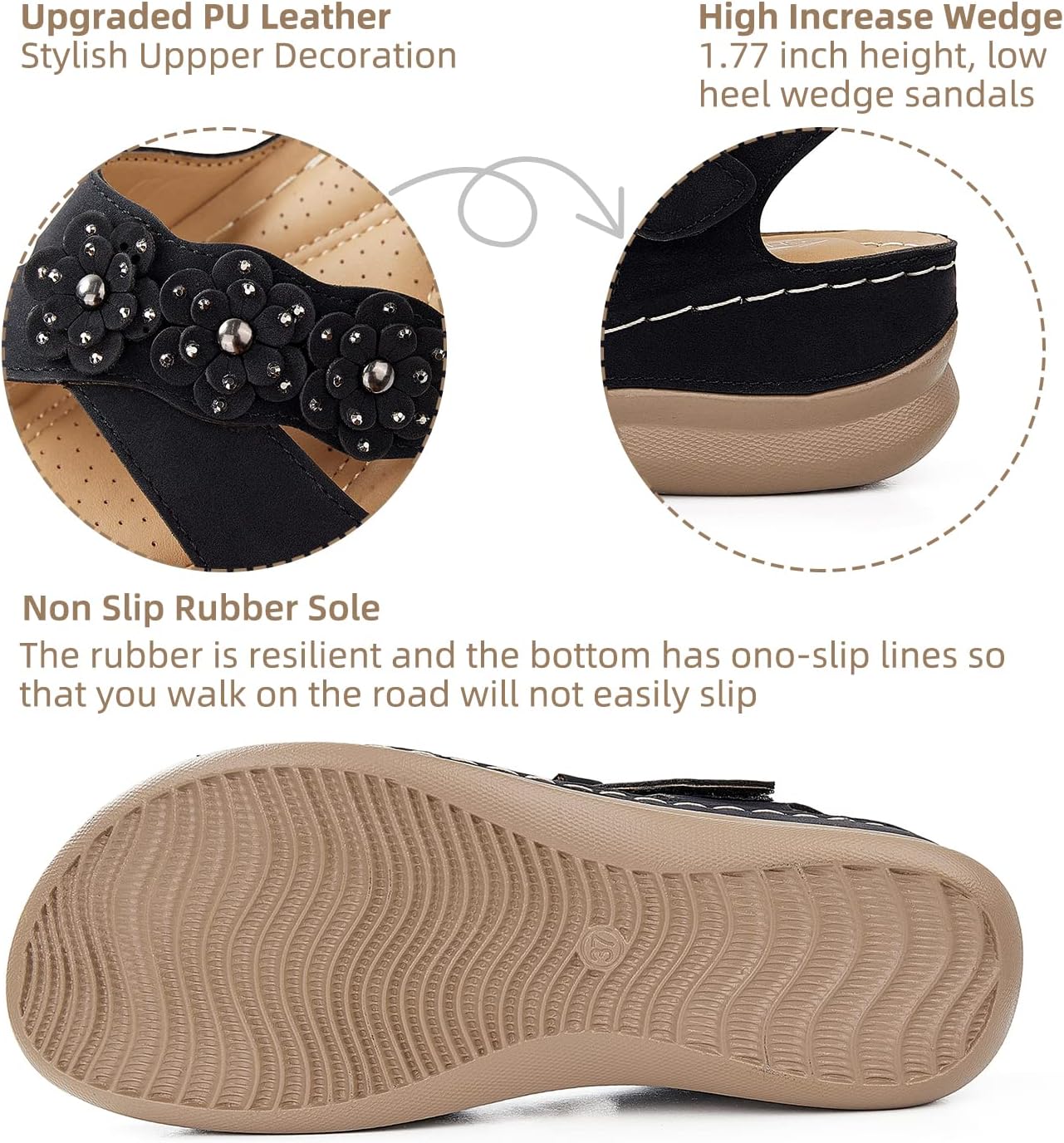 SHIBEVER Wedge Sandals for Women Dressy: Black Size 8 Low Summer Platform Comfort Dress Sandal - Comfortable Walking Sandals - Casual Flower Flat Womens Sandal - Image 5