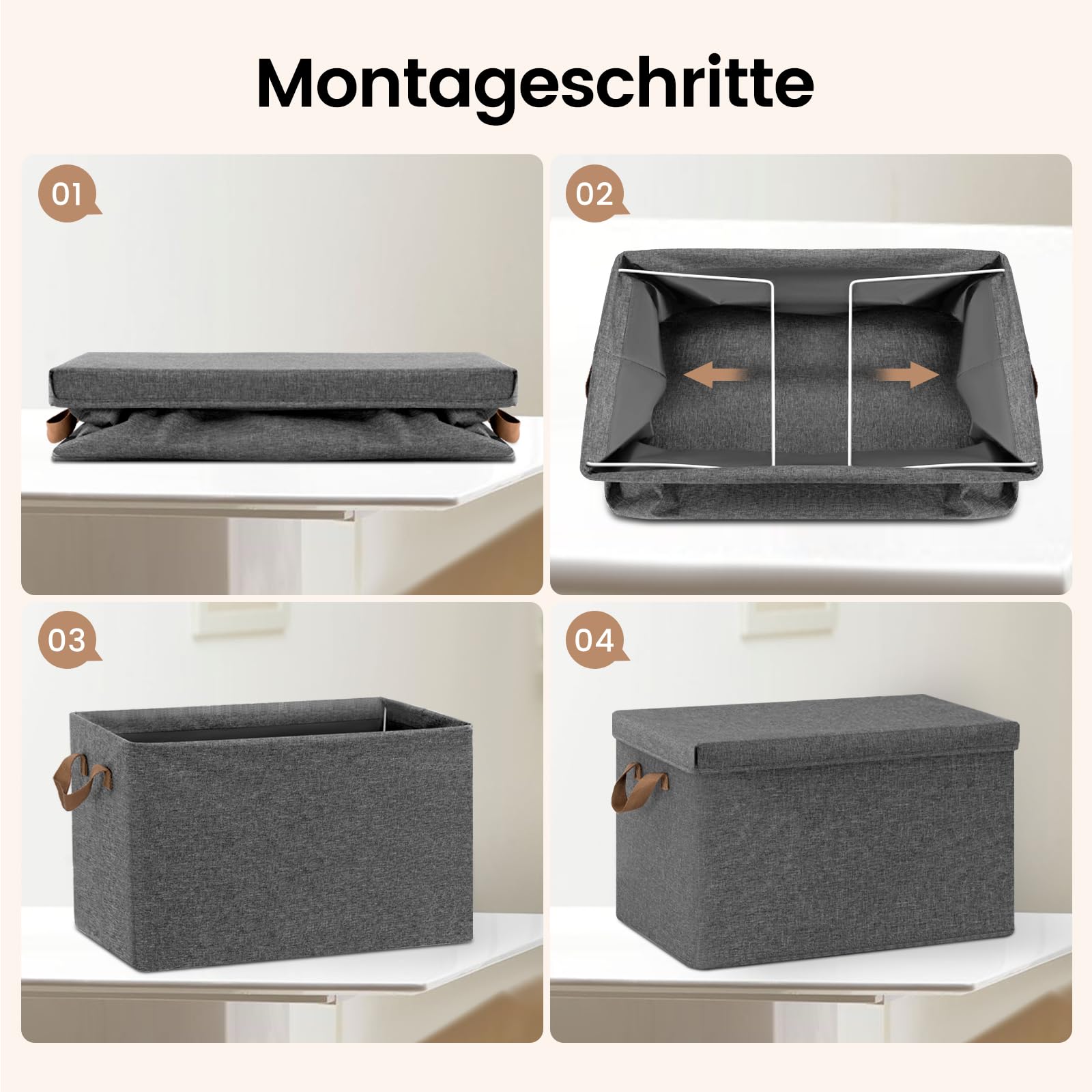 WOLTU Aufbewahrungsbox mit Deckel 5 Stück, aus Polyesterstoff, für Schlafzimmer, Arbeitszimmer, Wohnzimmer, Organizer Box mit Griffen, faltbar, Grau, 43x33x26 cm