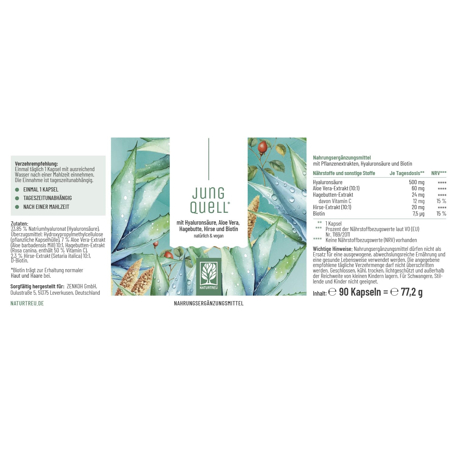 NATURTREU® Hyaluron Kapseln mit 500 mg Hyaluronsäure hochdosiert mit Aloe Vera, Biotin & Vitamin C - 90 Kapseln für Haut* und Gelenke** - Natürlich und vegan