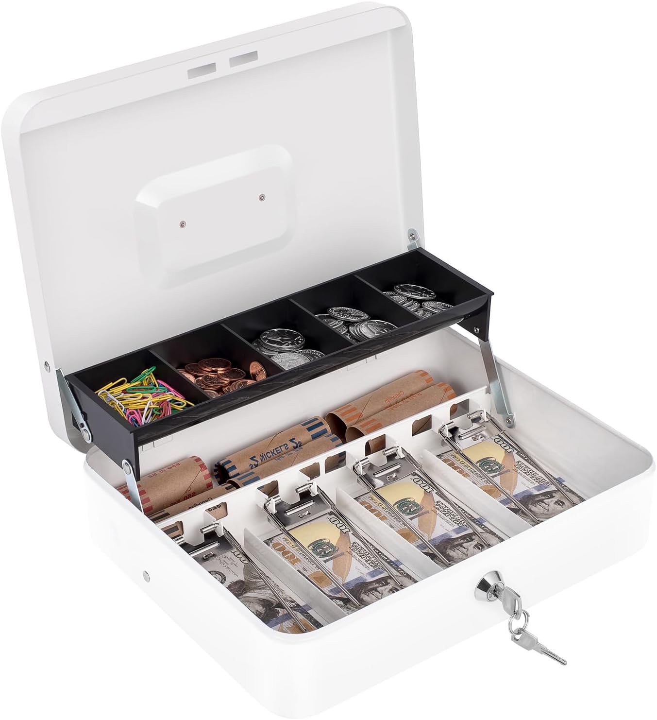 Cash Box with Money Tray and Lock, Money Box for Cash, Cash Register for Small Businesses, Metal Lock Box for Money 11.8" x 9.4" x 3.54" White