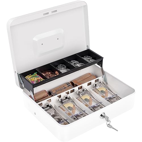 Cash Box with Money Tray and Lock, Money Box for Cash, Cash Register for Small Businesses, Metal Lock Box for Money 11.8" x 9.4" x 3.54" White