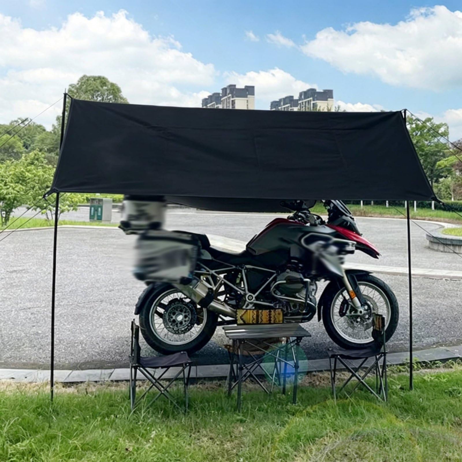 Portable Outdoor Shelter Motorrad Markise Outdoor Schutzplane Regenschutz Tragbar Zelt für Biker Rast Wanderungen Outdooraktivitäten, Schwarz Mit Komplettem Zubehör 440cm 200cm, Groß