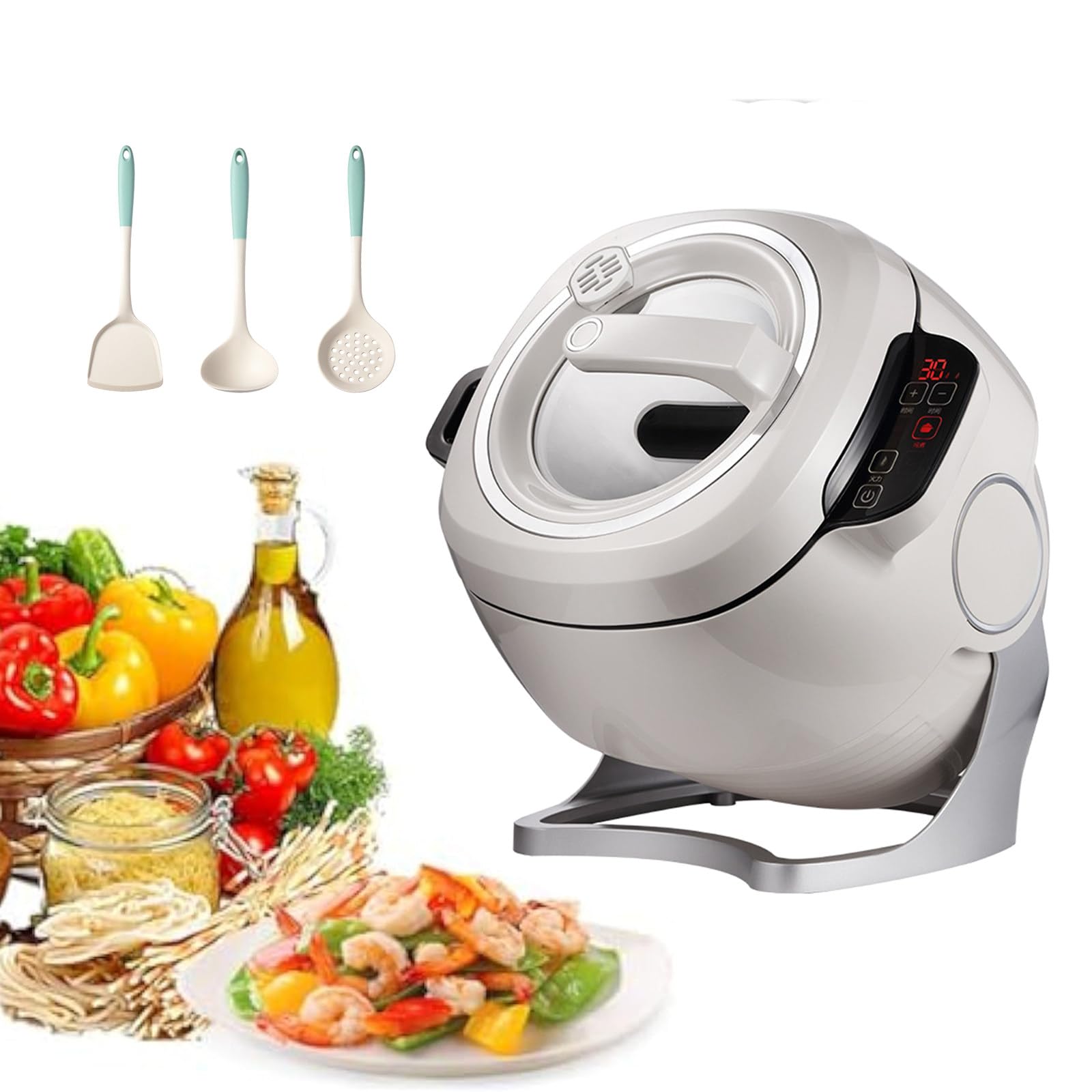 Macchina per riso fritto, 2000 W, 6 l, wok da cucina automatico con controllo touch, regolazione a 3 livelli, rotazione a 360°, include 3 utensili da cucina