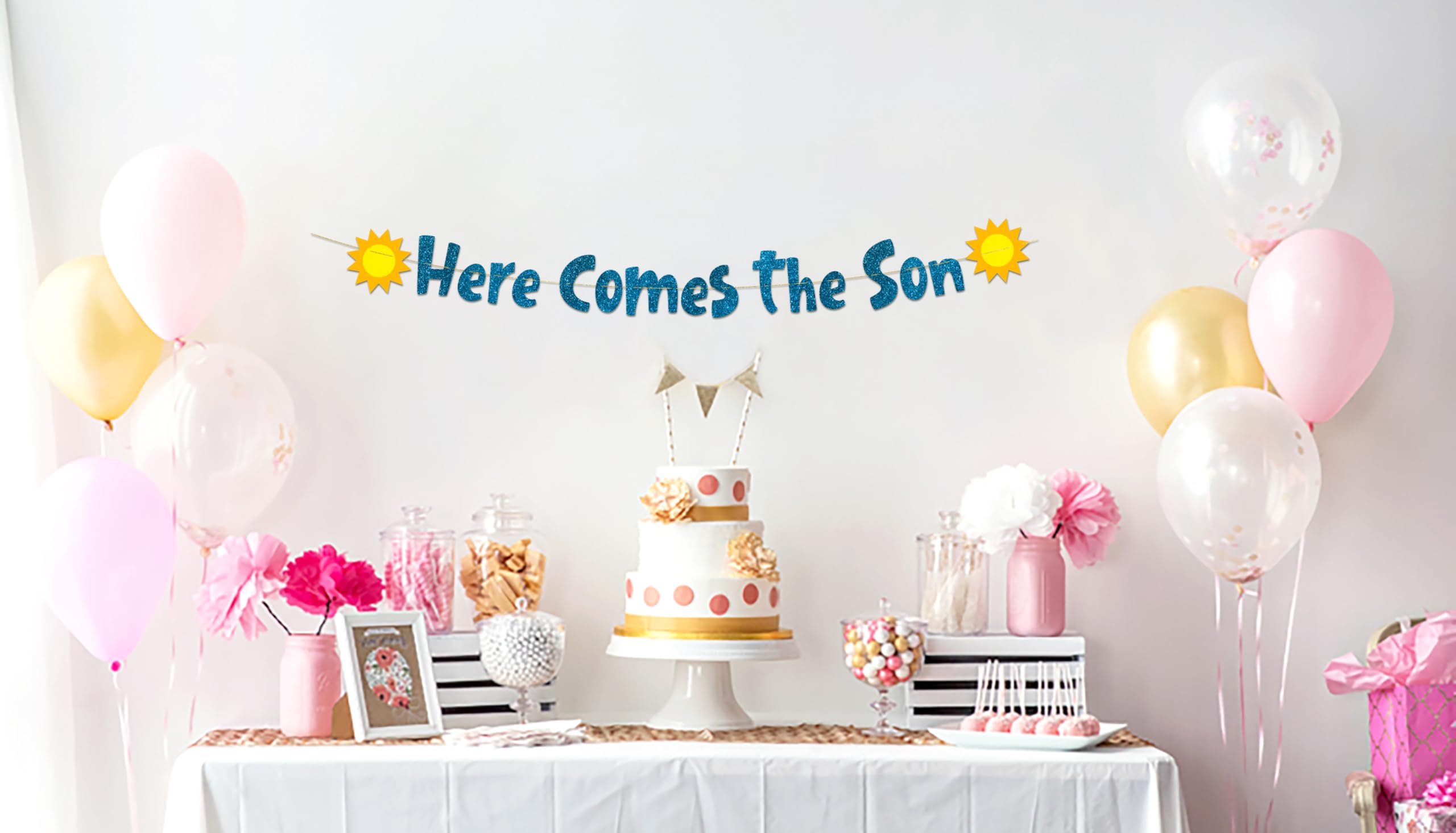 Here Comes The Son Glitter Banner - Baby Shower Decorations for Boy - Blue Gender Reveal Party Garland - Image 2