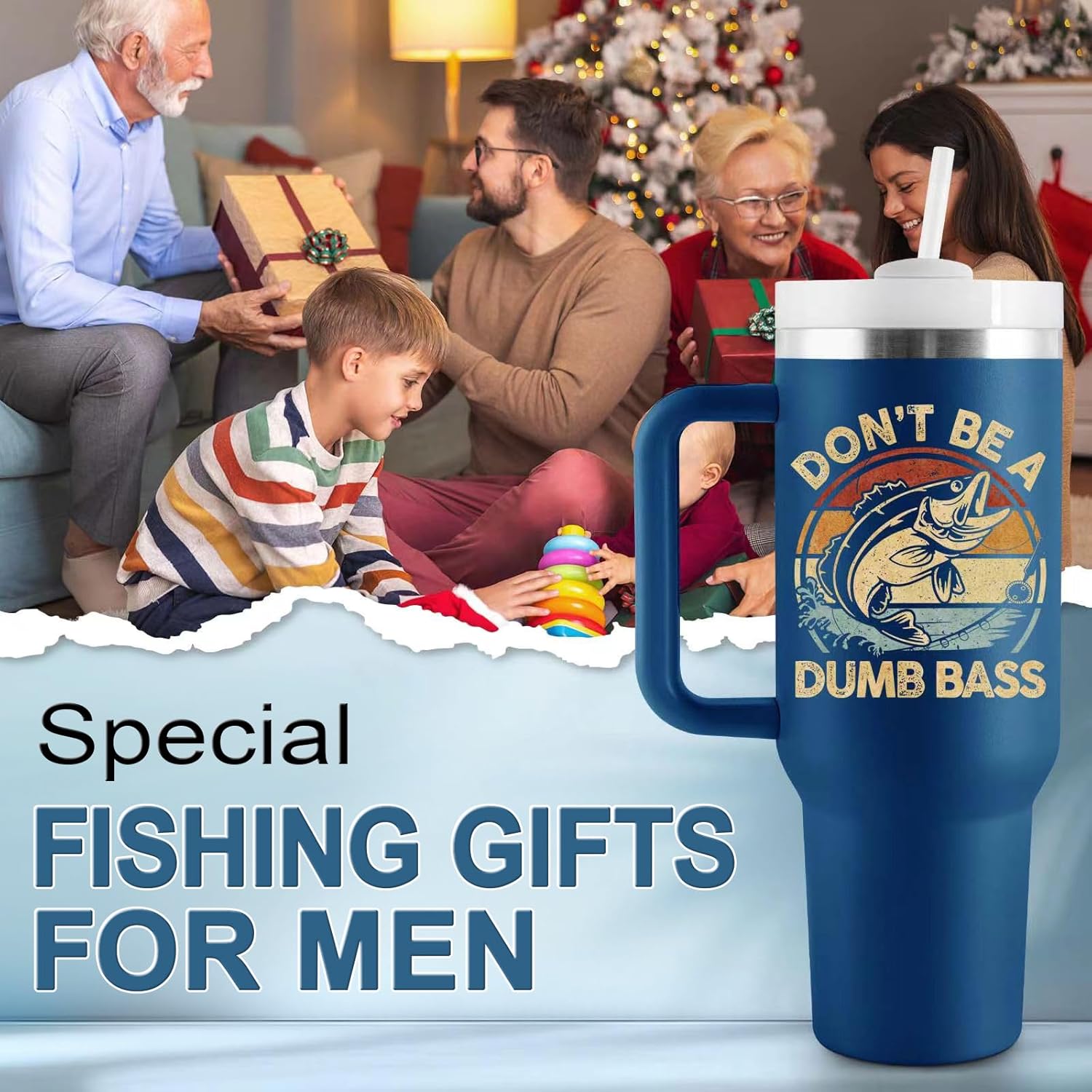 Fishing Gifts for Men Dad Fisherman- Fishing Stuff for Men, 40oz Travel Cup Insulated Tumbler with Handle & Straw