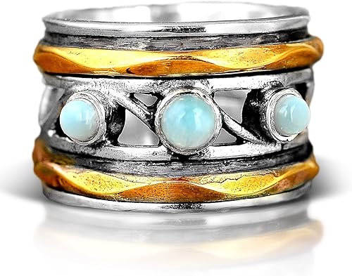 Boho-Magic Anillo giratorio Larimar de plata de ley 925 para mujer con bandas giratorias de latón, Metal no precioso Piedra preciosa, larimar