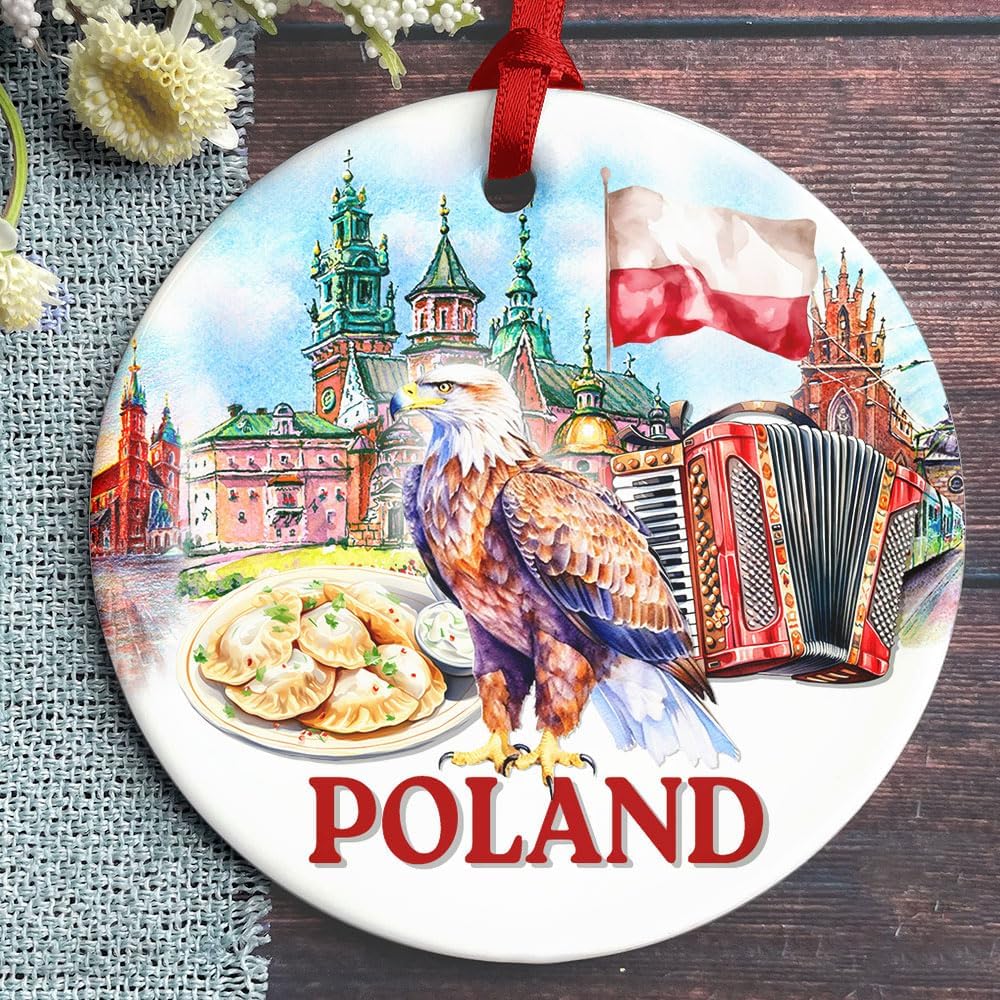 Poland Country Ceramic Ornament - Polish Flag Festive Decor - Round Ceramic Keepsake - Holiday Travel Souvenir Ornament - Polish Eagle, Pierogi, Wawel Castle & Accordion - Image 6