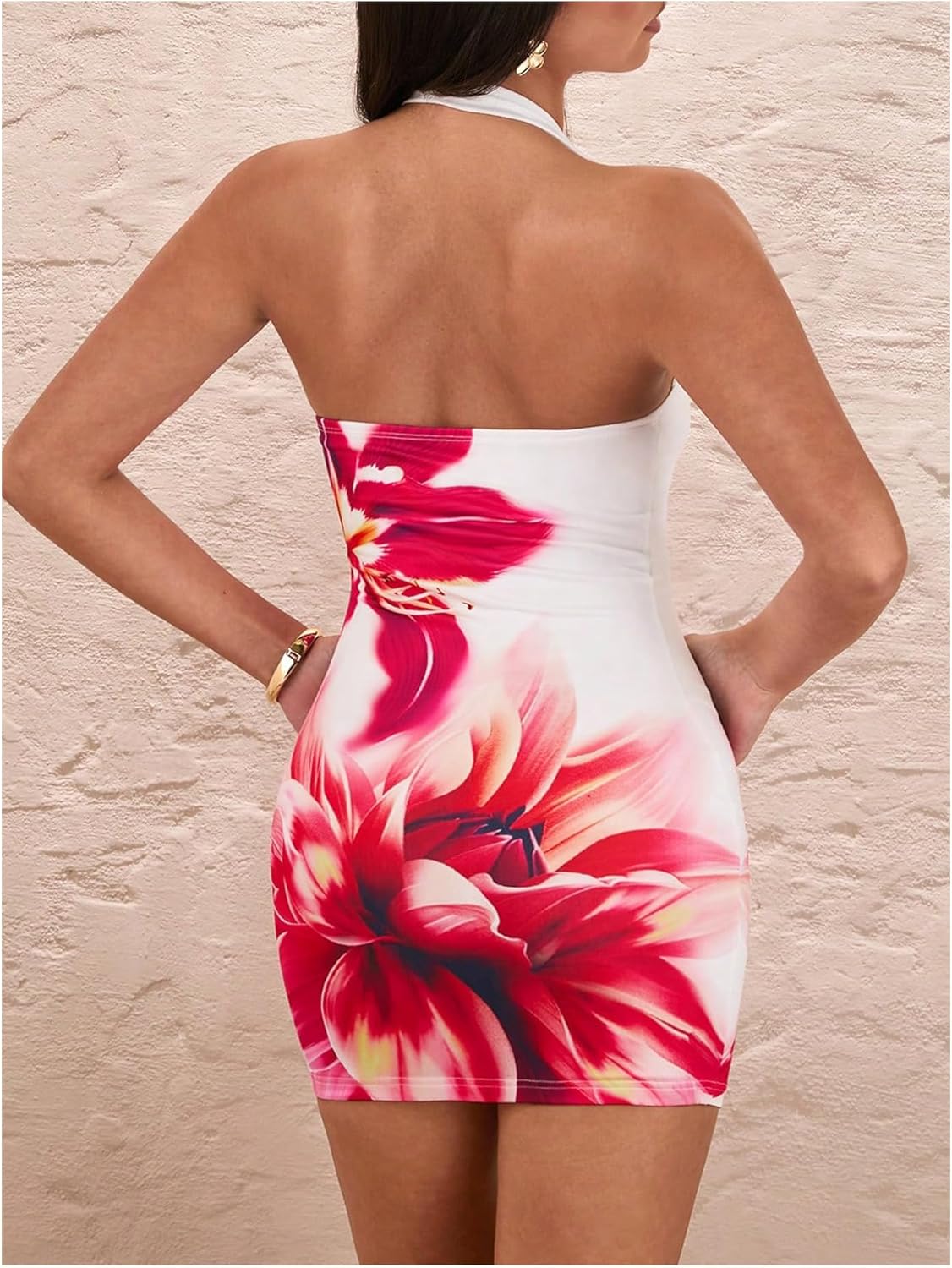 OYOANGLE Women's Floral Print Y2K Mini Dress Halter Neck Sleeveless Fitted Short Dresses - Image 2