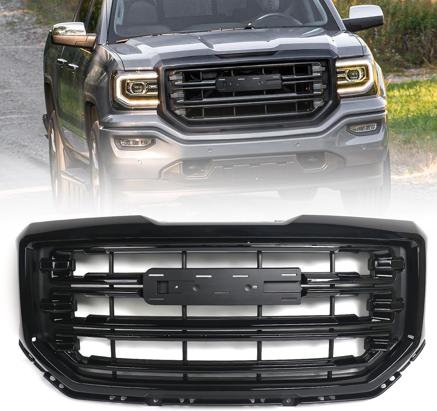 Front Bumper Grill for GMC Sierra 1500 2016-2018 Glossy Blcak Grille