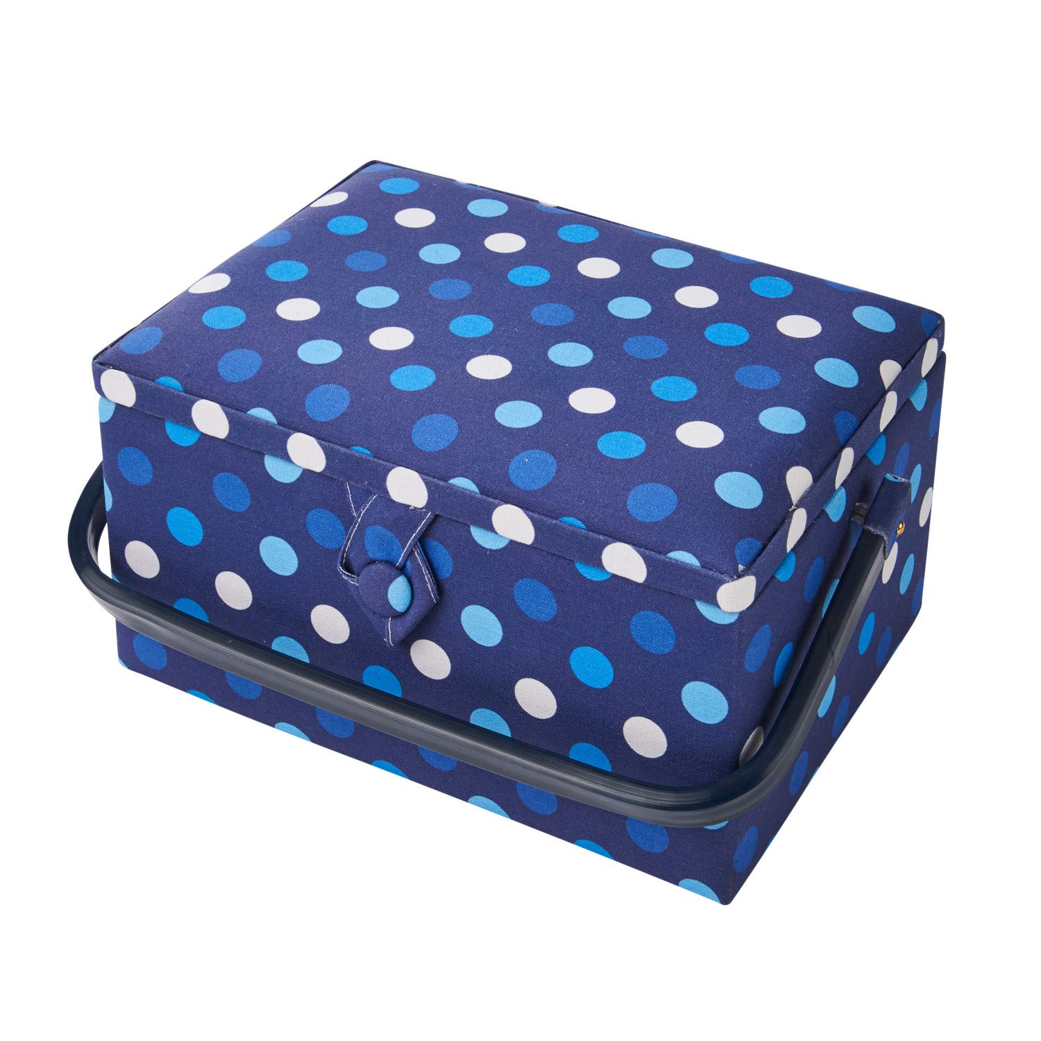 Scatola da cucito media con scomparti ricoperti di tessuto blu navy con macchie blu e bianche. 18,5x26x15 cm. Cucito in linea GA1123M