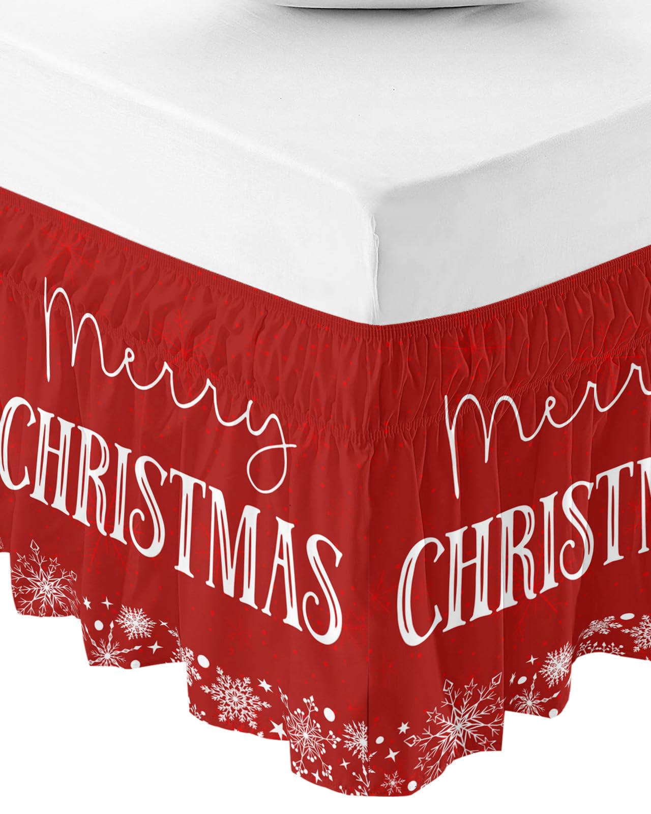 Red Merry Christmas Bed Skirt King Size 16 Inch Drop, Adjustable Elastic Bedskirt Dust Ruffle for King Size Bed, Xmas Winter Snowflake Red White Wrap