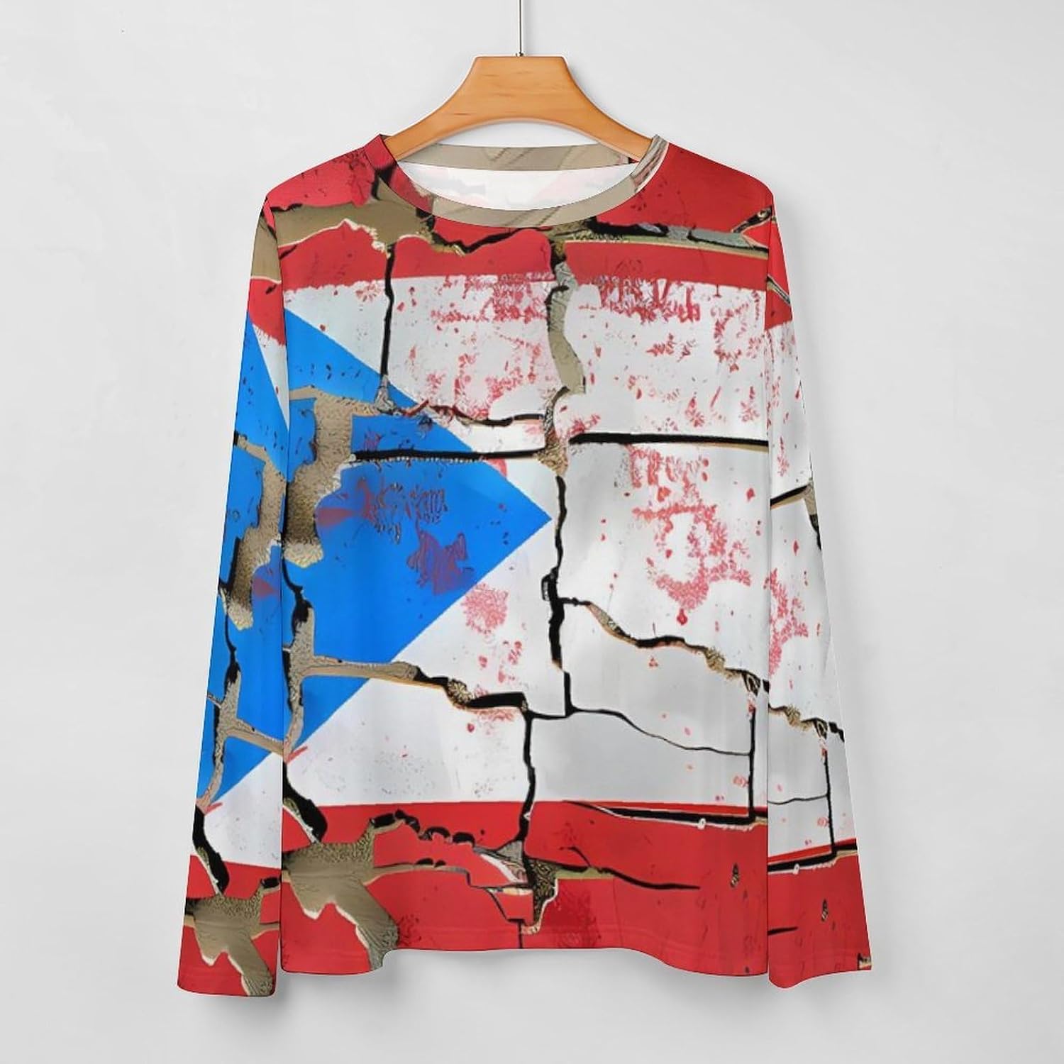 Cracked Wall P.R. State Flag Women's Pajama Top Sleepwear Pajamas Sleep T-Shirt Long Sleeve Shirt Crewneck Tee
