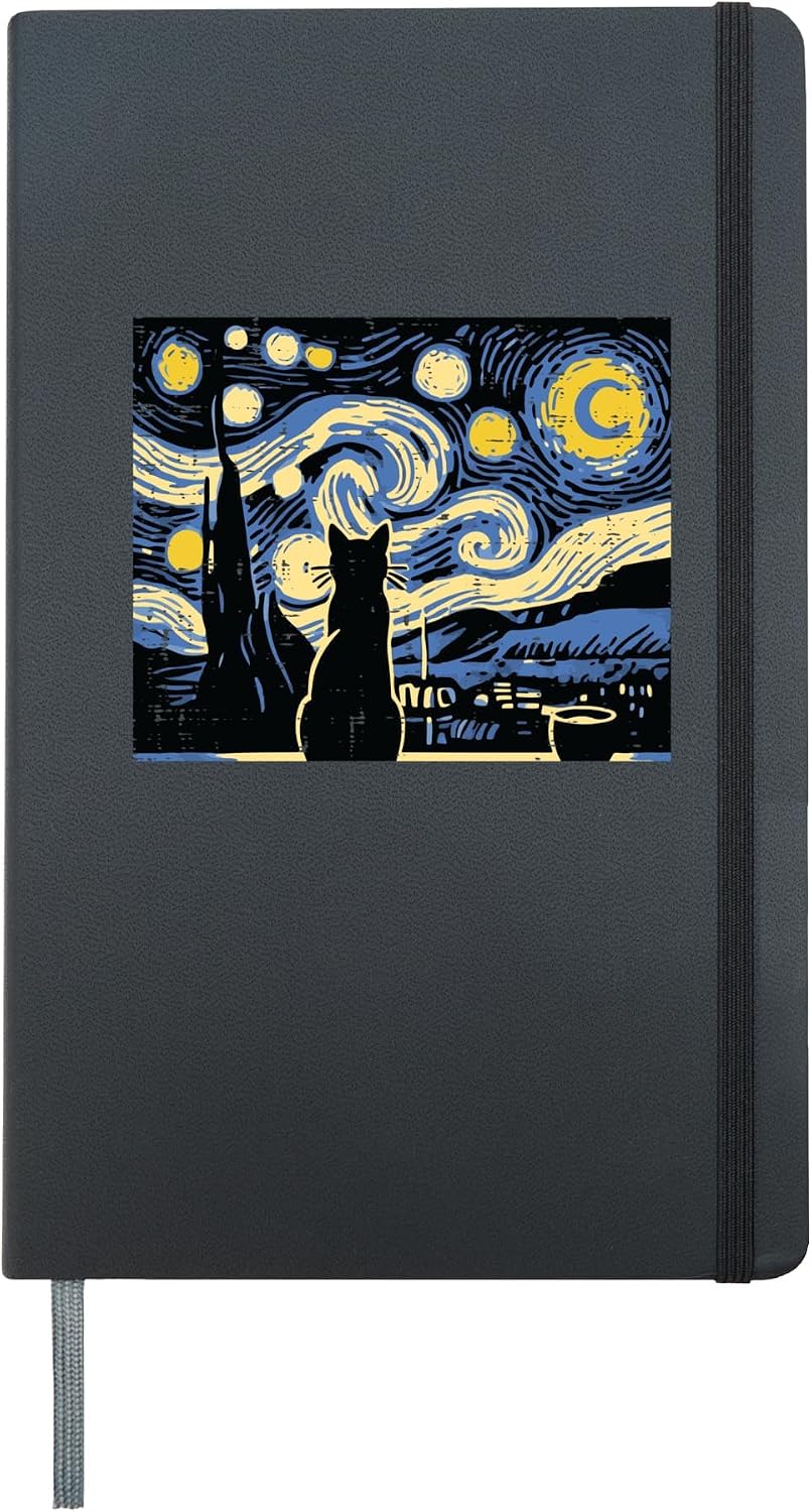 Black Cat Starry Night Funny Meme Painting Women Girls Kids Hardcover Journal, Black