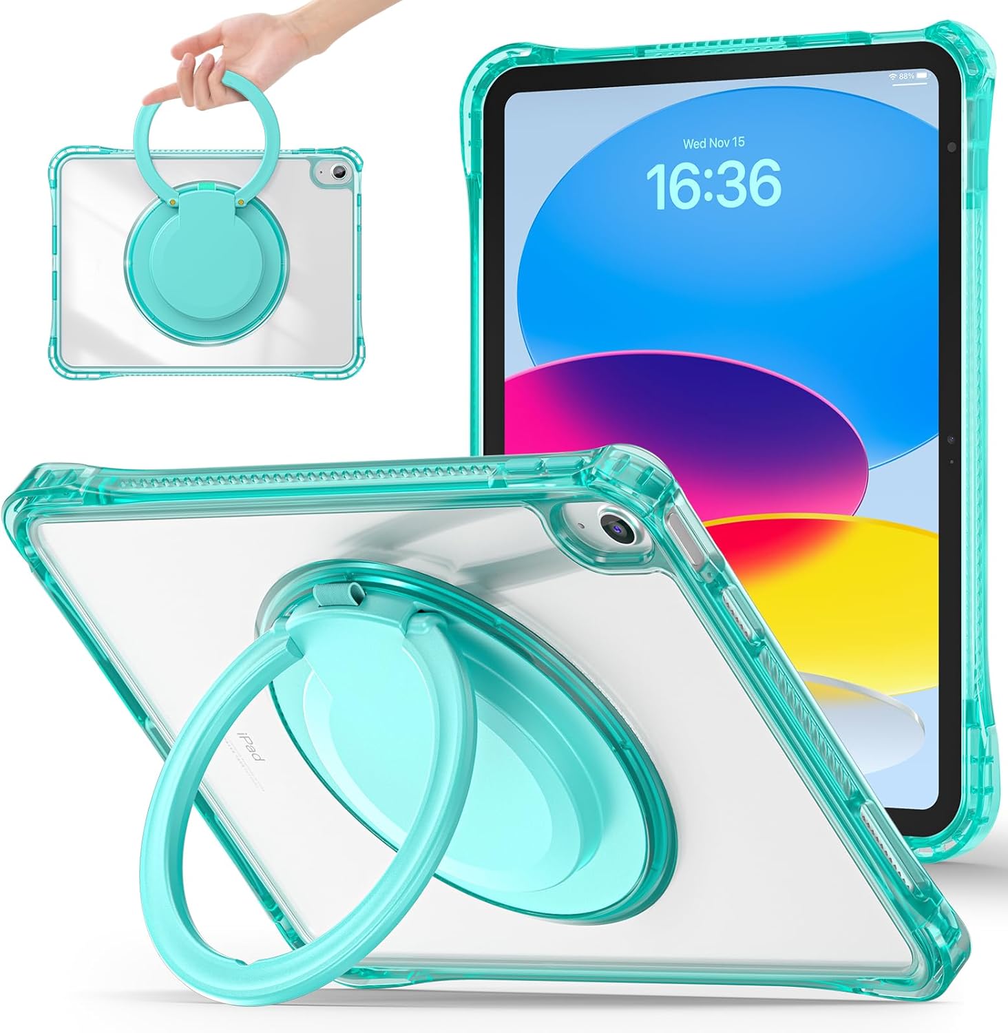 Tuiklol for iPad Case 11 inch (A16) 11th Generation 2025 / iPad 10.9 Inch 10th Generation 2022, Glitter Tablet Rotating Stand Shockproof Clear PC Back Tablet Cover, Clear Green
