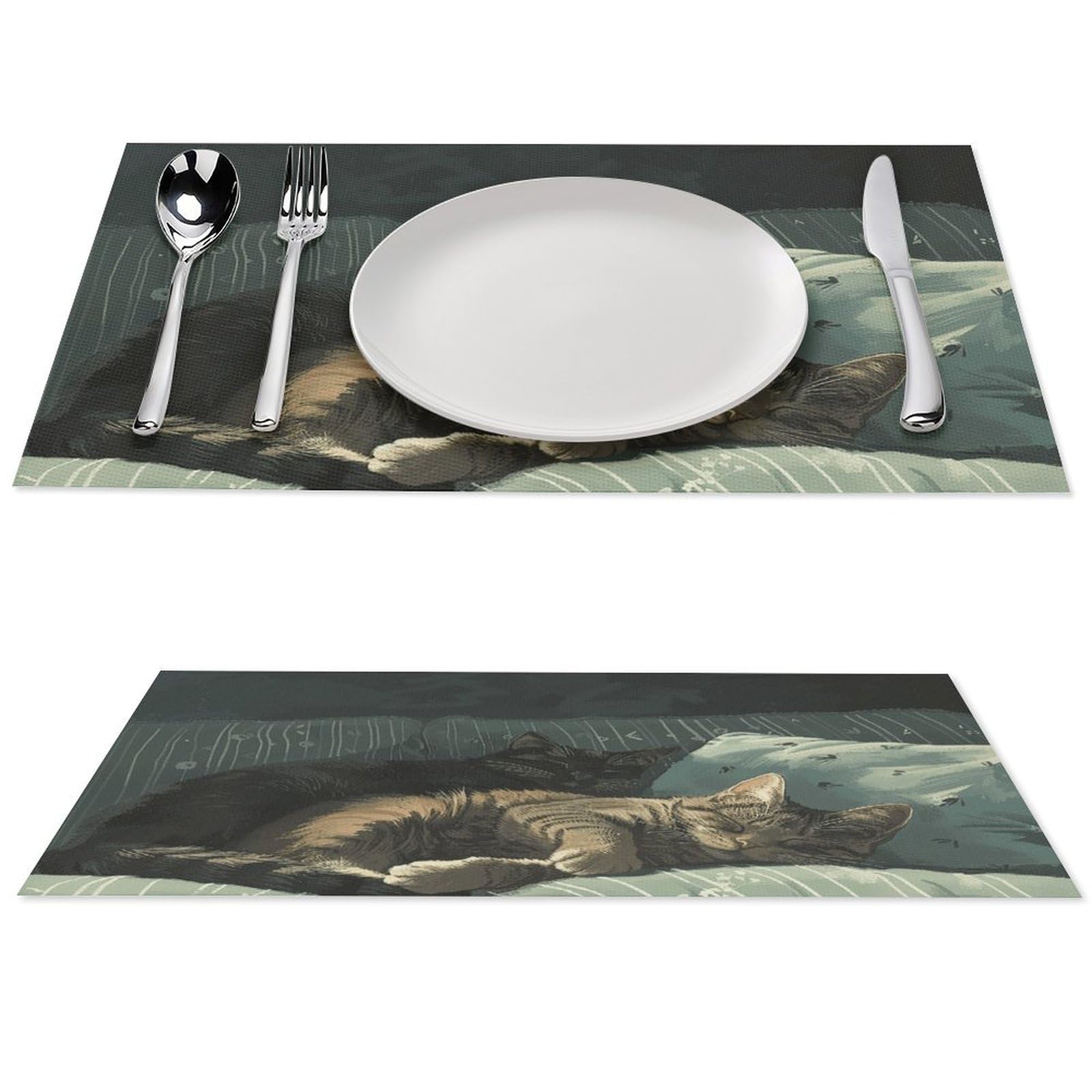 Set de table chat allongé sur canapé en lot de 4 pièces, dimensions 45 x 30 cm